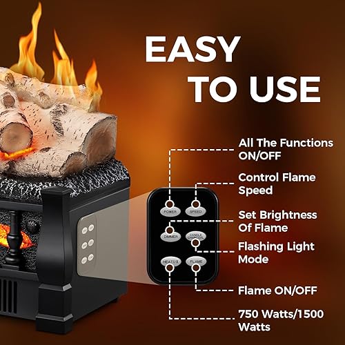 Miniatura 5 de Joy Pebble Calentador eléctrico de leña para chimenea de 21 pulgadas, 750 W1500 W, brillo de 5 llamas, modo de 5 velocidades, inserto de chimenea