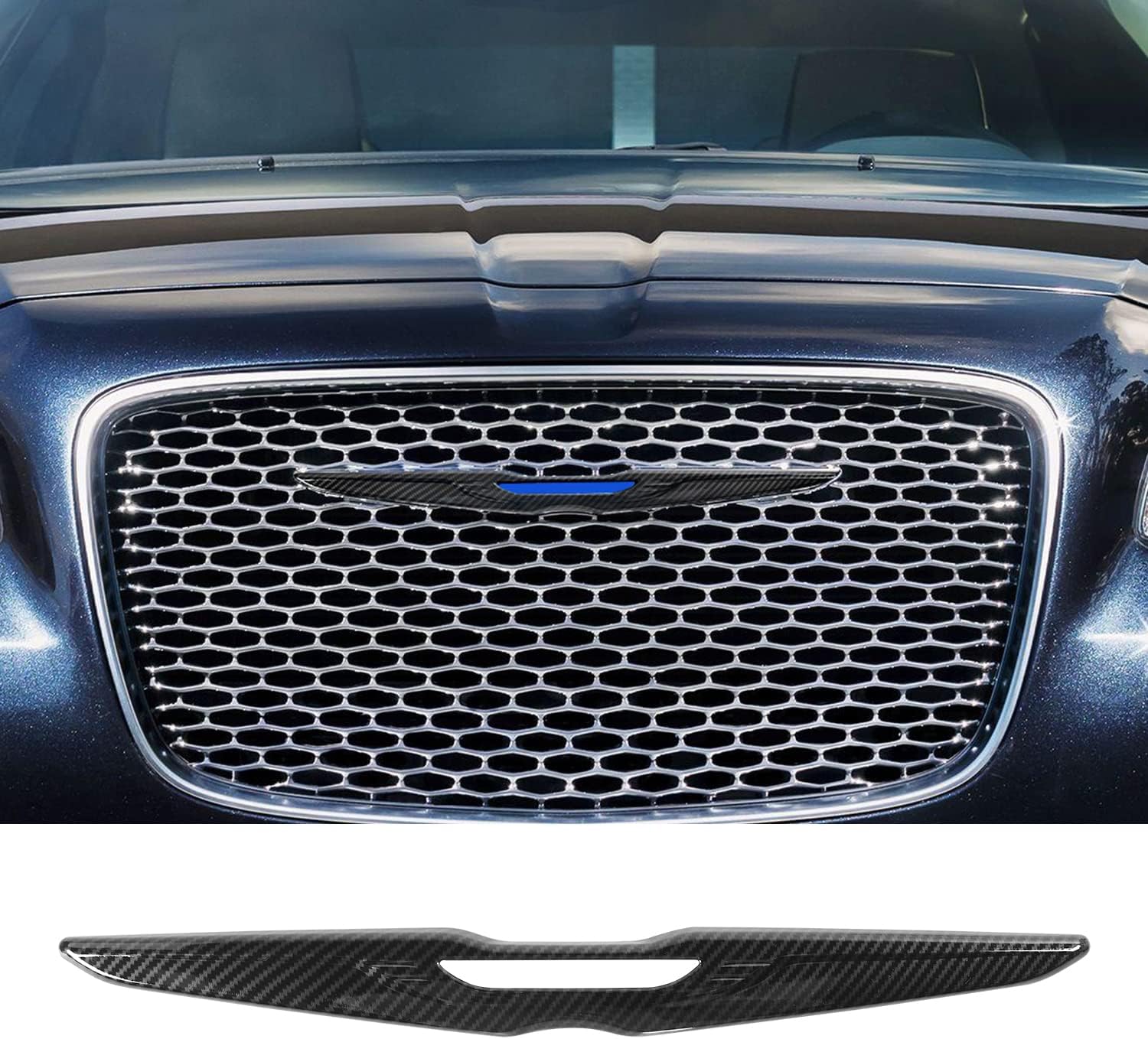Hoolcar Front Bumper Grille Cover Molding Trim Exterior Accessories for 2015-2022 Chrysler 300, Carbon Fiber