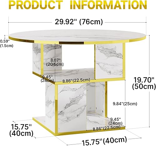 Miniatura 2 de Elephance Mesa de centro redonda con almacenamiento, mesa de centro de 3 niveles para sala de estar, mesa de madera, mármol blanco con marco dorado