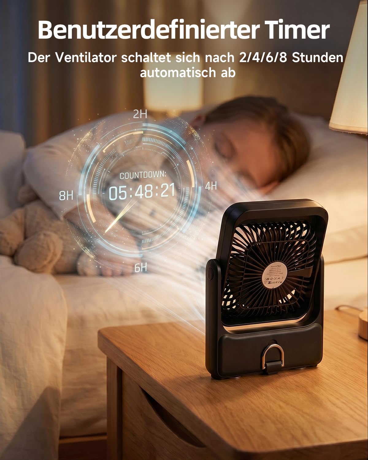 WOWDSGN Ventilator Akku 10000mAh mit Starkem 𝐌𝐚𝐠𝐧𝐞𝐭𝐟𝐮ß, Tischventilator USB mit LED-Nachtlicht & Haken, Powerbank-Funktion, 8-Stunden Timer, für Camping, Wohnmobil, Schlafzimmer, Reisen