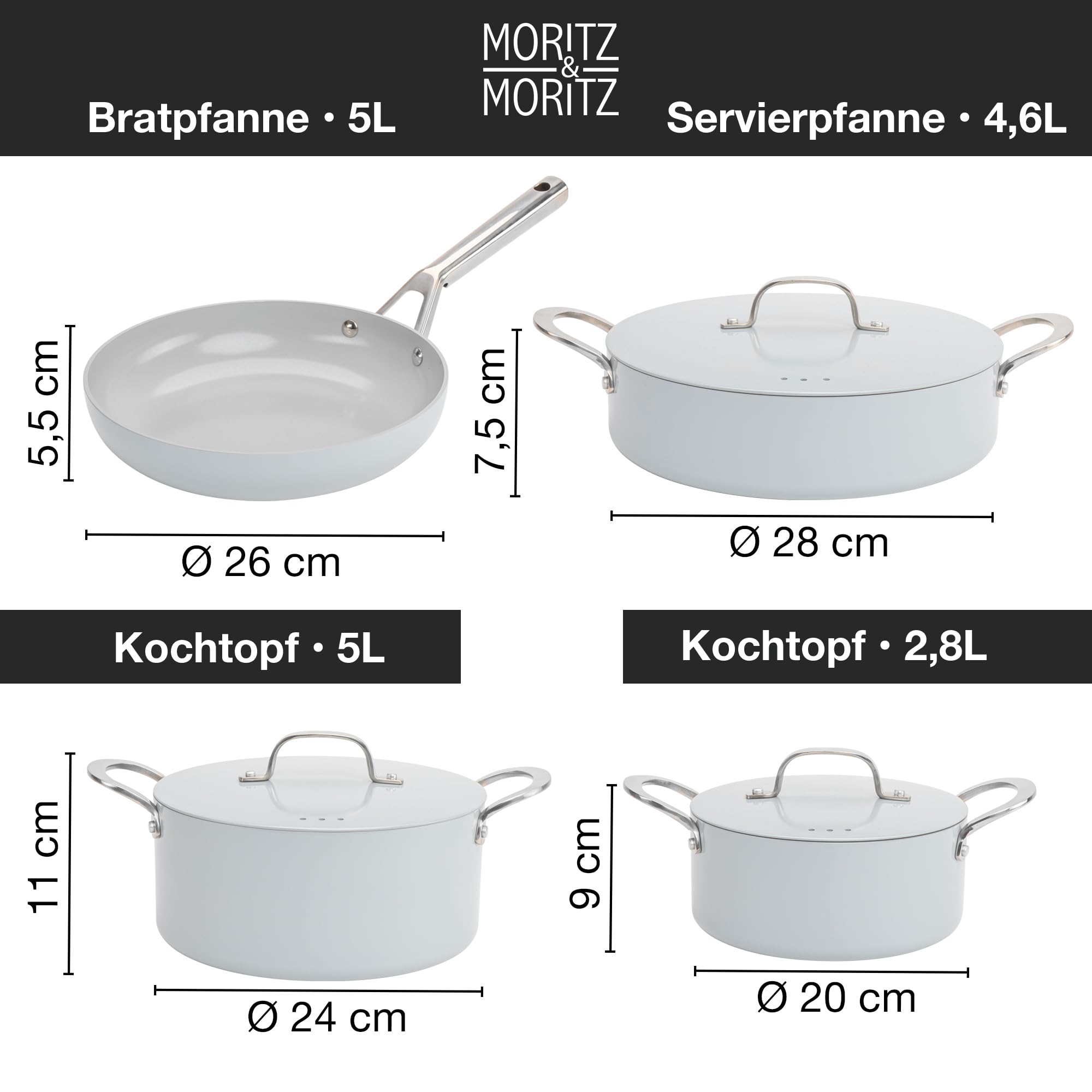 Moritz & Moritz 7-tlg. Aluminium Topf und Pfannenset Induktion mit Deckel, 2x Kochtöpfe Induktion mit Deckel, 1x Servierpfanne mit Deckel und 1x Induktionspfanne, Topfset Induktion für alle Herdarten