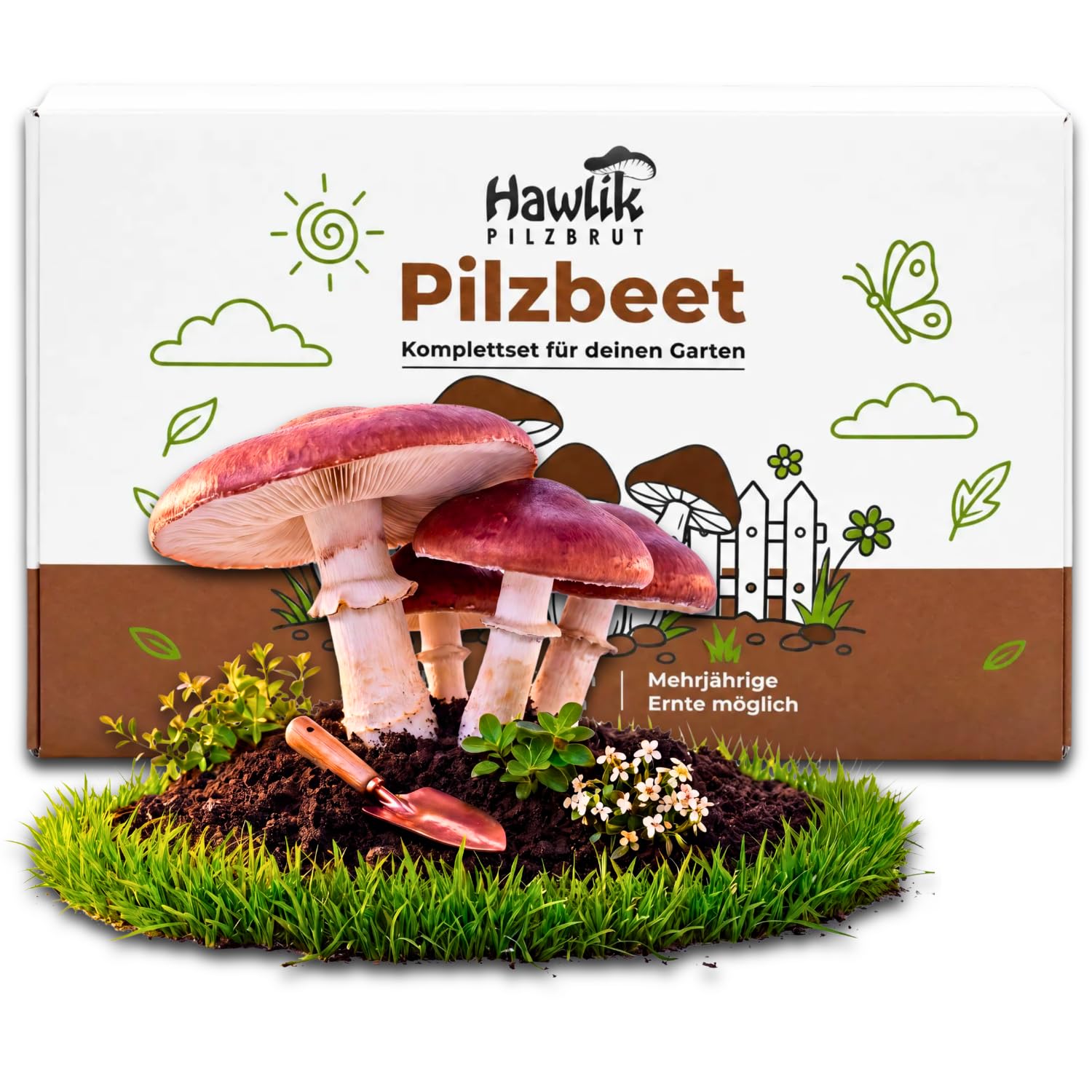 Hawlik Pilzbrut - Braunkappe Pilzbeet-Set für den Garten - In 30 Minuten angelegt - Mehrjährig frische Pilze ernten - Kinderleicht Pilze züchten Set - Verwandle ungenutzten Gartenboden in Speisepilze