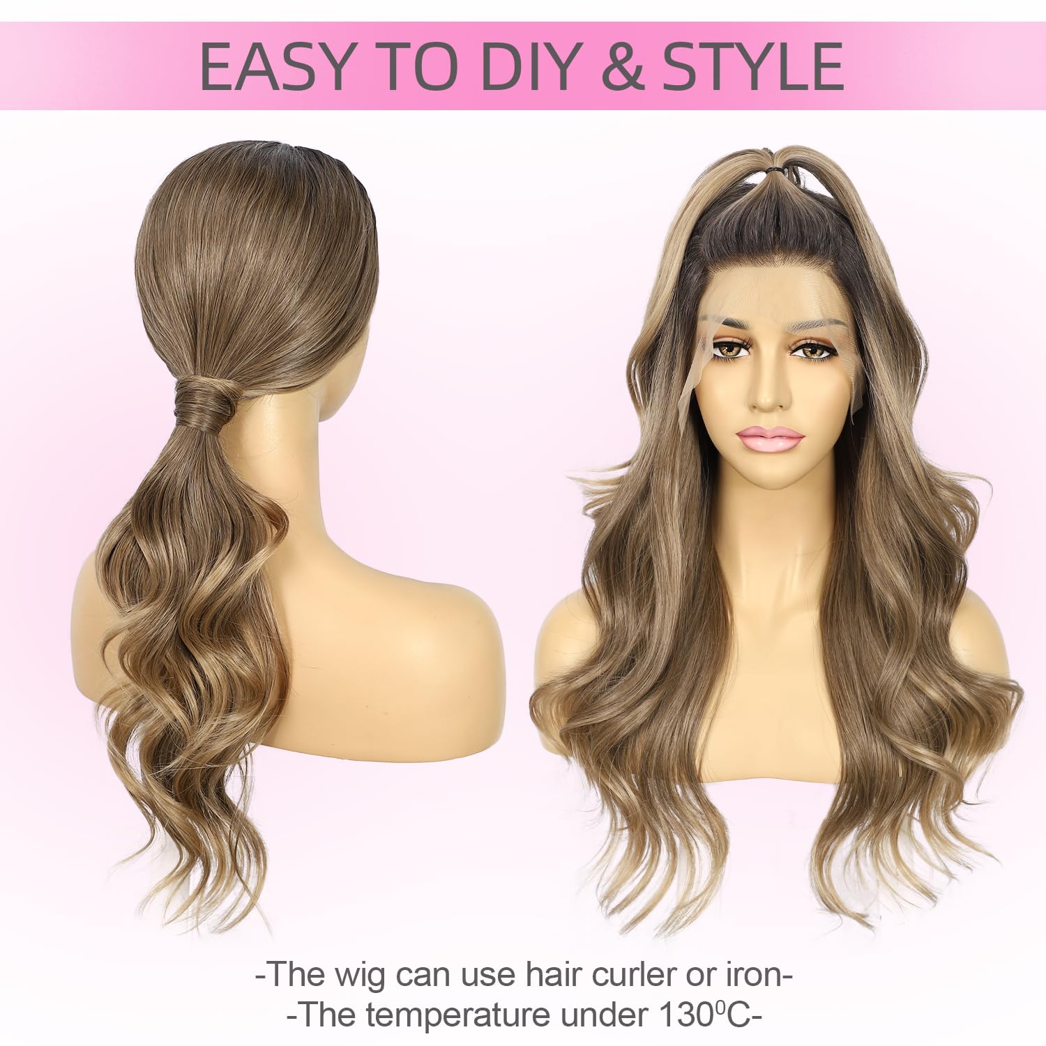 SAPPHIREWIGS Highlight Brown Wig 13x4 Synthetic Lace Front Wigs Bye Bye Knots Glueless Wig Natural Wavy for Women Heat Resistant Wigs for Daily Party Use 20 Inch