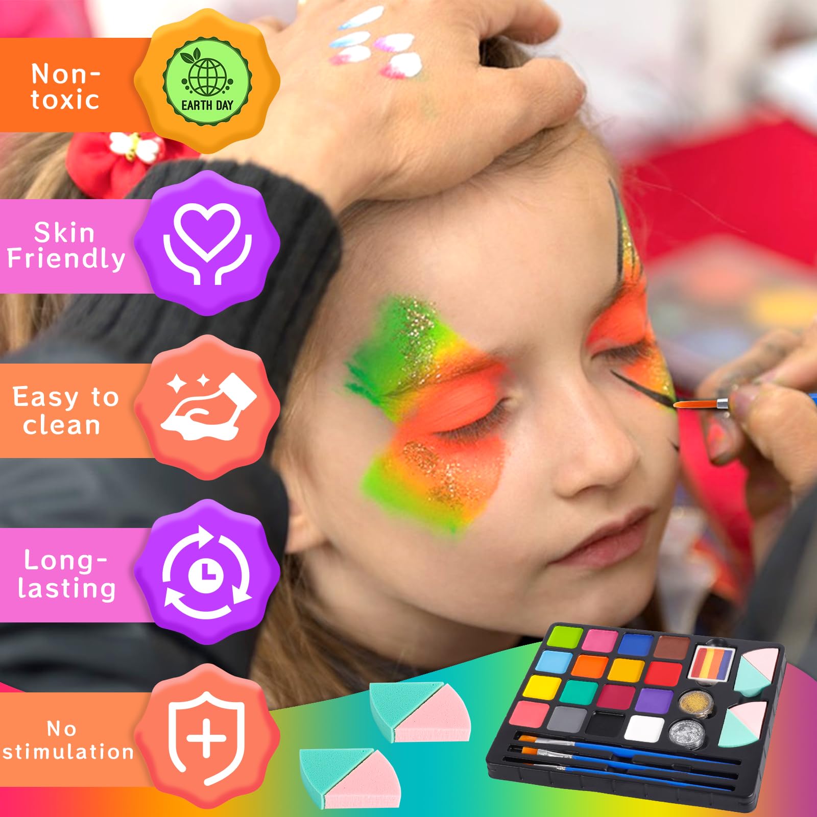 URAQT Body Painting, 30 Colori Pittura di Corpo con 4 Pennelli e 8 Stencil, Non Tossico Fluo Colori Trucco Viso a Base d'acqua, Truccabimbi Halloween per Pelle Viso Corpo, Festa, Carnevale