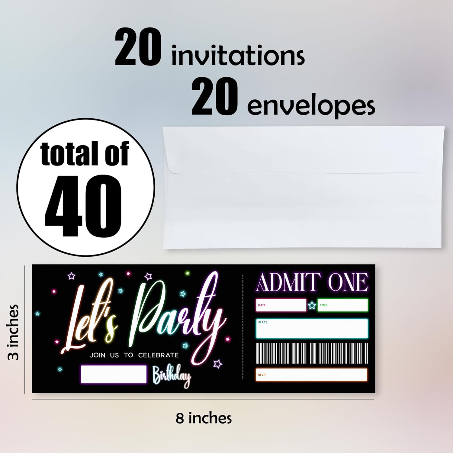 Let's Party Birthday Invitations, 20 Pcs Double Sided Fill In Neon VIP Tickets Invites With Envelopes For Boys Girls Teens Birthday, Party Favors And Supplies(3 X 8 In)- A10