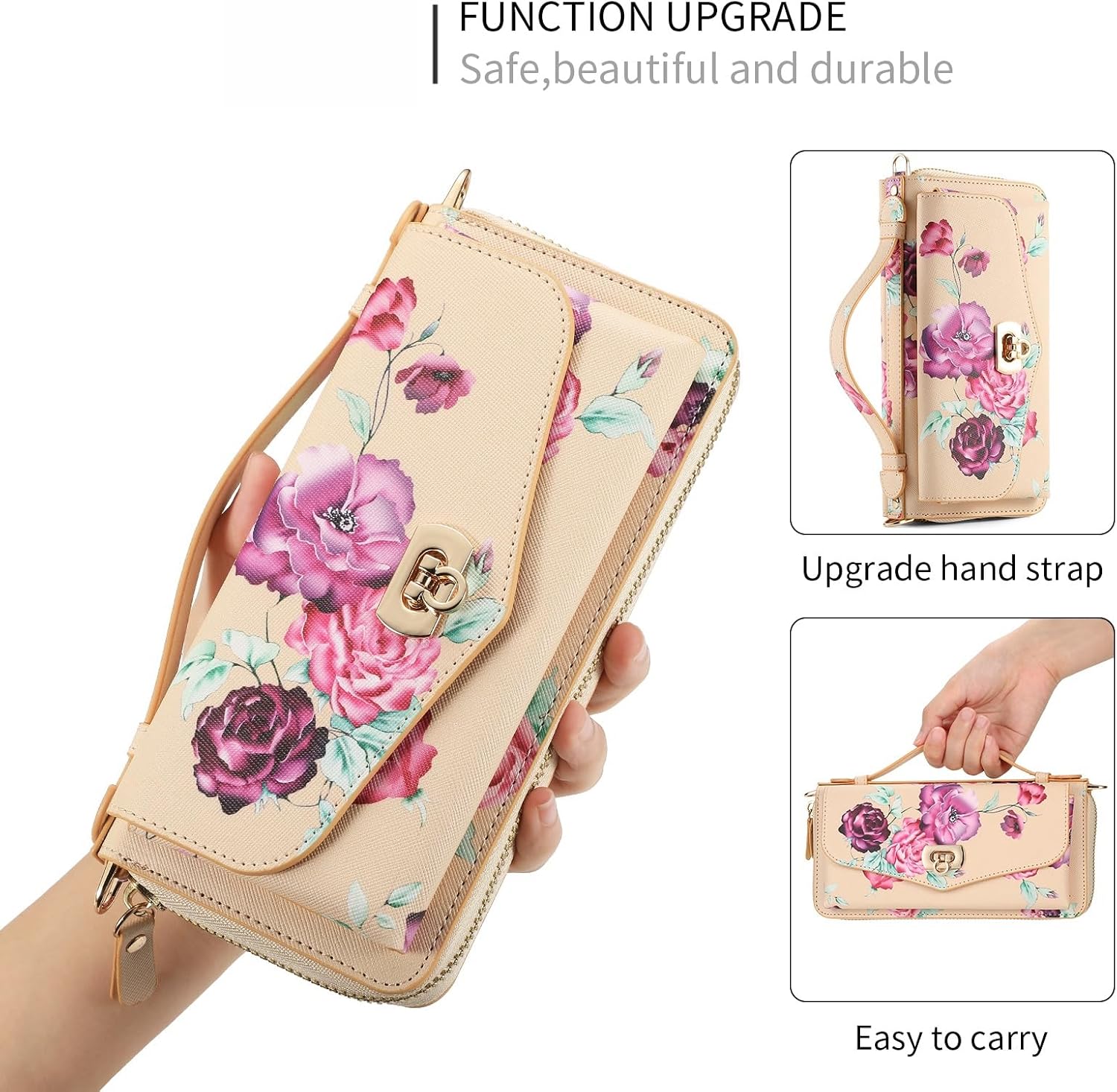 for iPhone 15 Wallet Case, Magnetic Removable PU Leather Flip Phone Case with Card Holder, RFID Blocking Wristband, Mirrored Zipper Wallet for Women Yellow