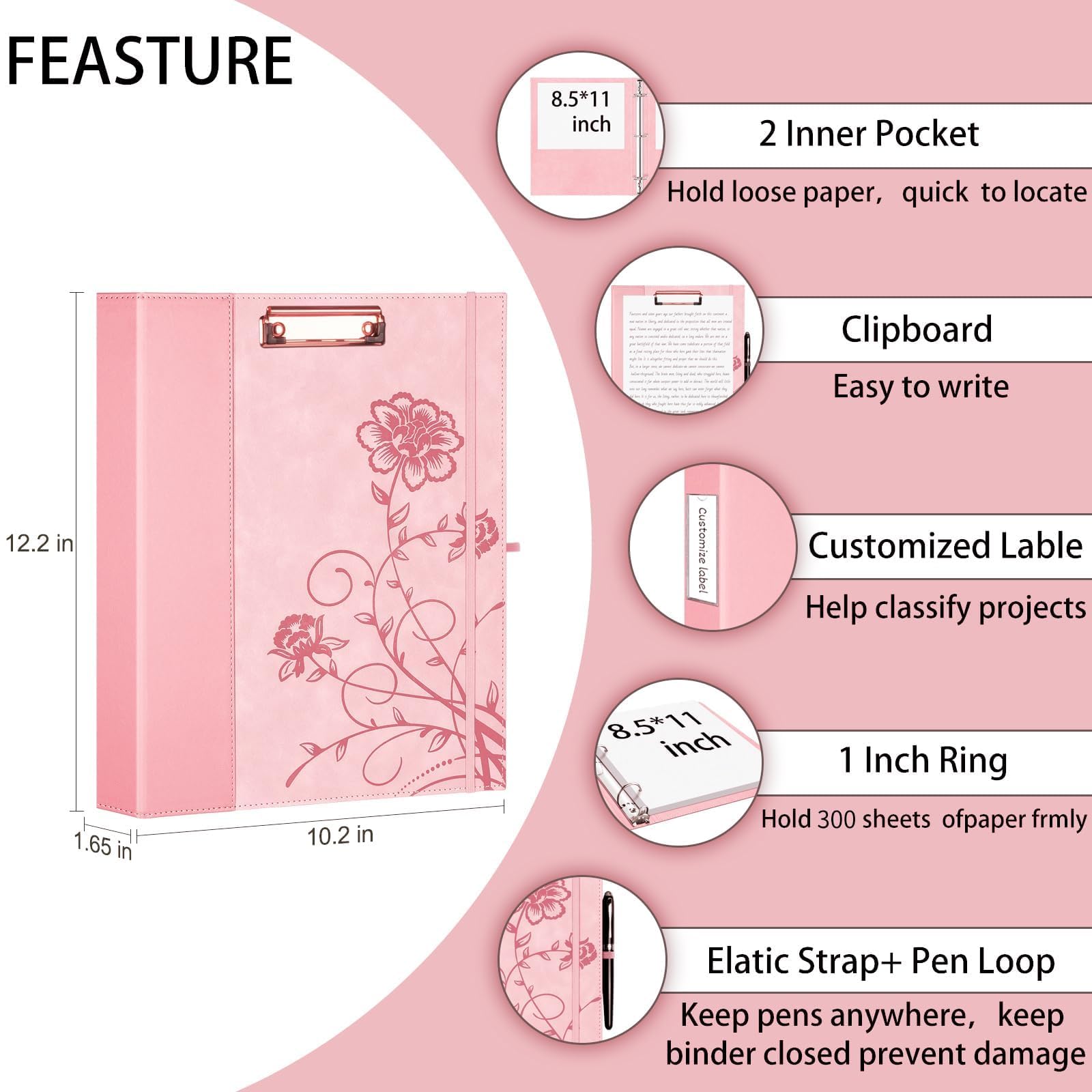 Classeur à 3 anneaux en cuir de 2,5 cm, avec porte-pinces, classeur KLLVE à trois anneaux avec porte-stylo (rose, format lettre)