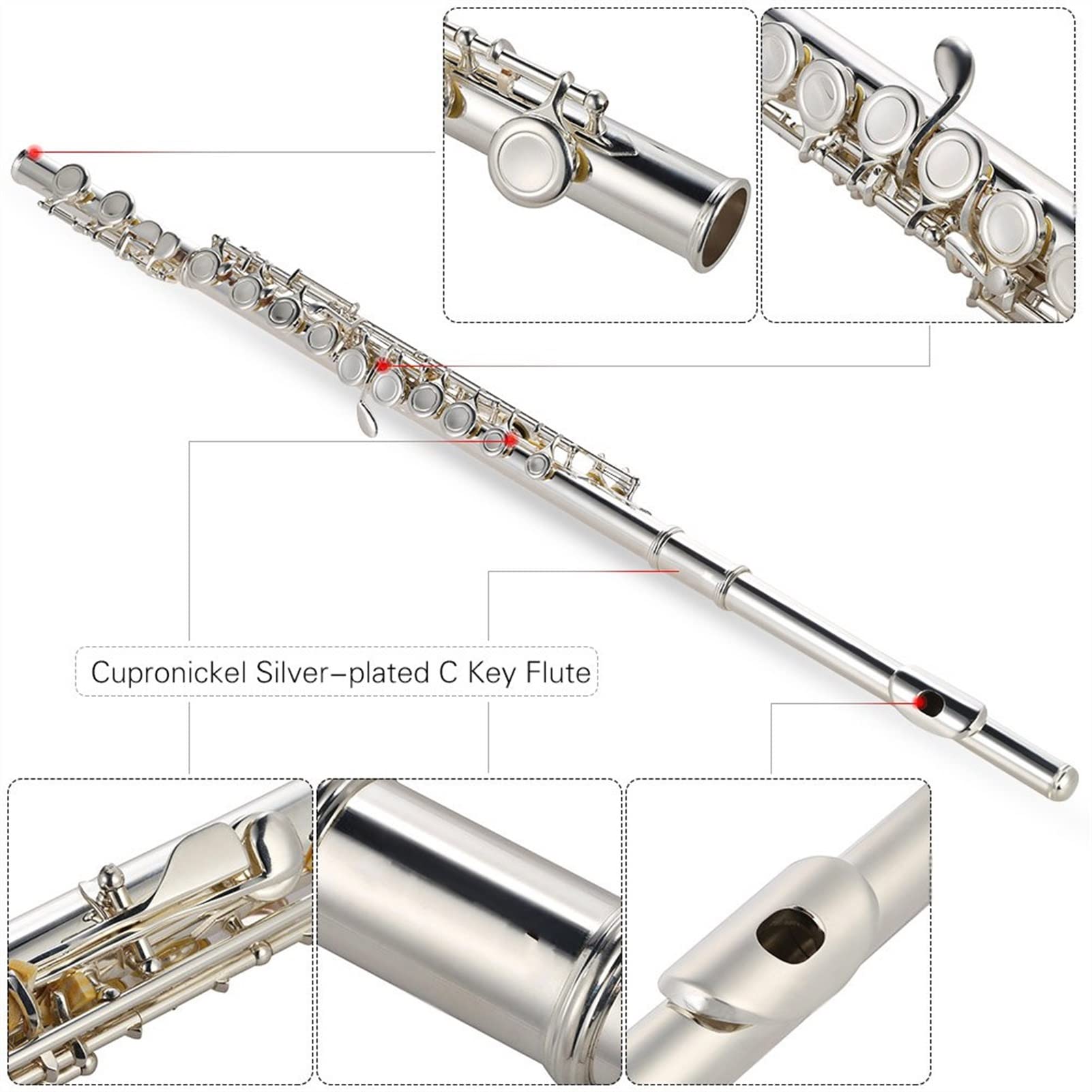 ZUZU Flauta De Llave C, Cuproníquel Plateado, 16 Orificios Cerrados con Estuche, Destornillador, Instrumentos De Viento para Principiantes Kit Flauta
