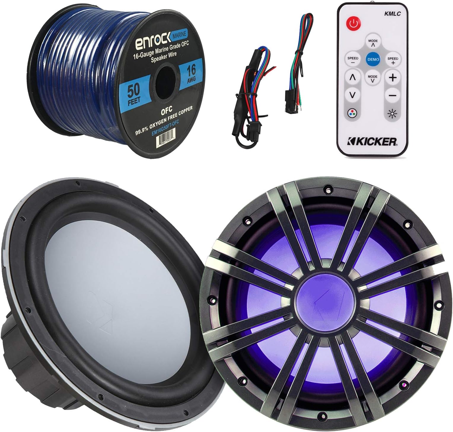 Marine Speaker & Sub Combo - Kicker KMW10 10-Inch RoHS Compliant 4-Ohm Boat Yacht Subwoofer, Bundle With Charcoal LED Woofer Grill + LED Light Remote Controller + Enrock 50 Feet 16 Gauge Speaker Wire