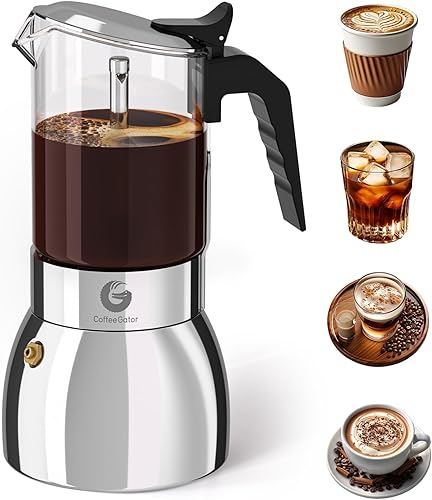Coffee Gator Olla Moka de 9 tazas, cafetera espresso de 15 onzas para café italiano, vidrio transparente y diseño de acero inoxidable, plata, 15.2