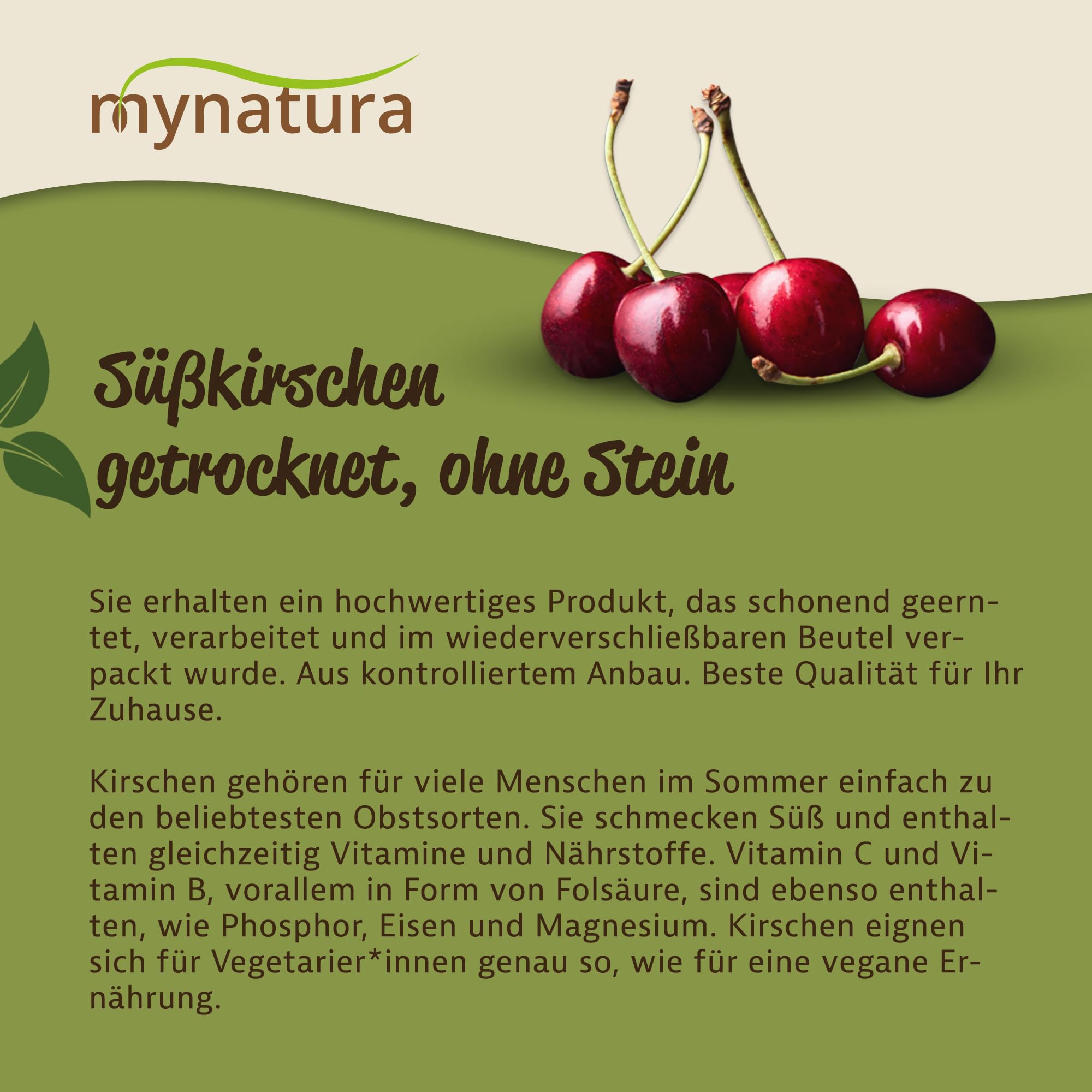 Mynatura Süßkirschen getrocknet, ohne Stein I Ungesüßt I Trockenobst I Ohne Zusätze I Backen I Kirschen I Snack I Müsli I Vegan I Beutel (3x 1000g)