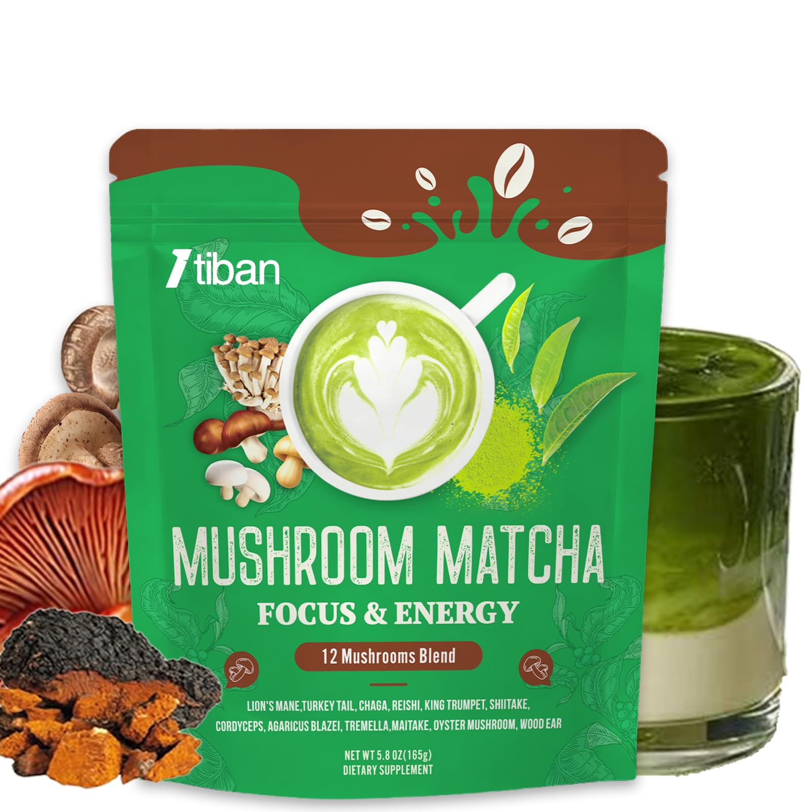 Mushroom Matcha with 12 Mushrooms with Lion's Mane by Itiban – 30 servings, green-matcha