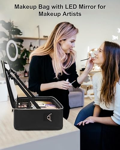 Vista 58 de Relavel Bolsa de maquillaje de viaje con espejo LED, estuche de tren de cosméticos con espejo iluminado, bolsa organizadora portátil para 01-Negro