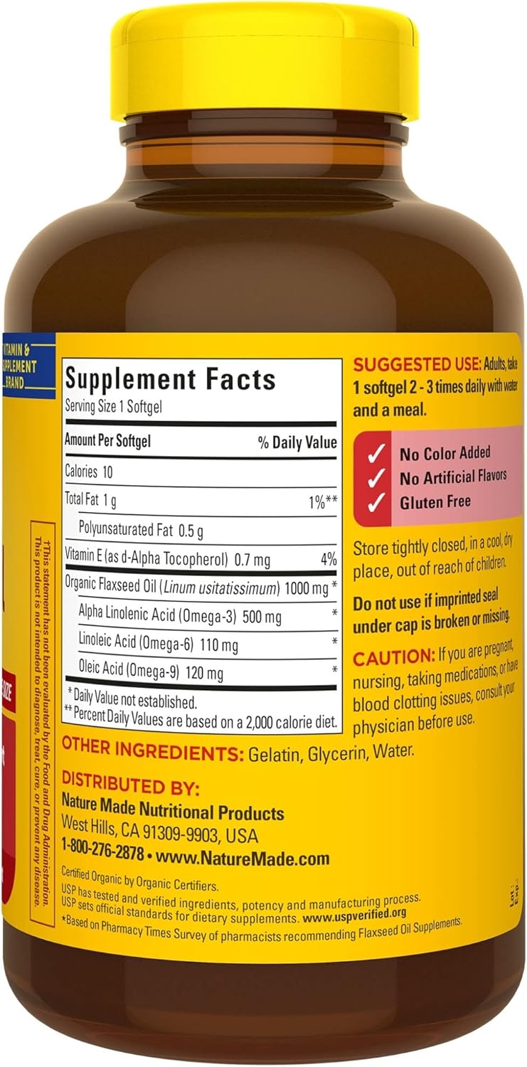 Nature Made Flaxseed Oil 1000 mg, Fish Free Omega 3 Supplement, Dietary Supplement for Heart Health Support, 180 Softgels, 180 Day Supply (Pack of 2)