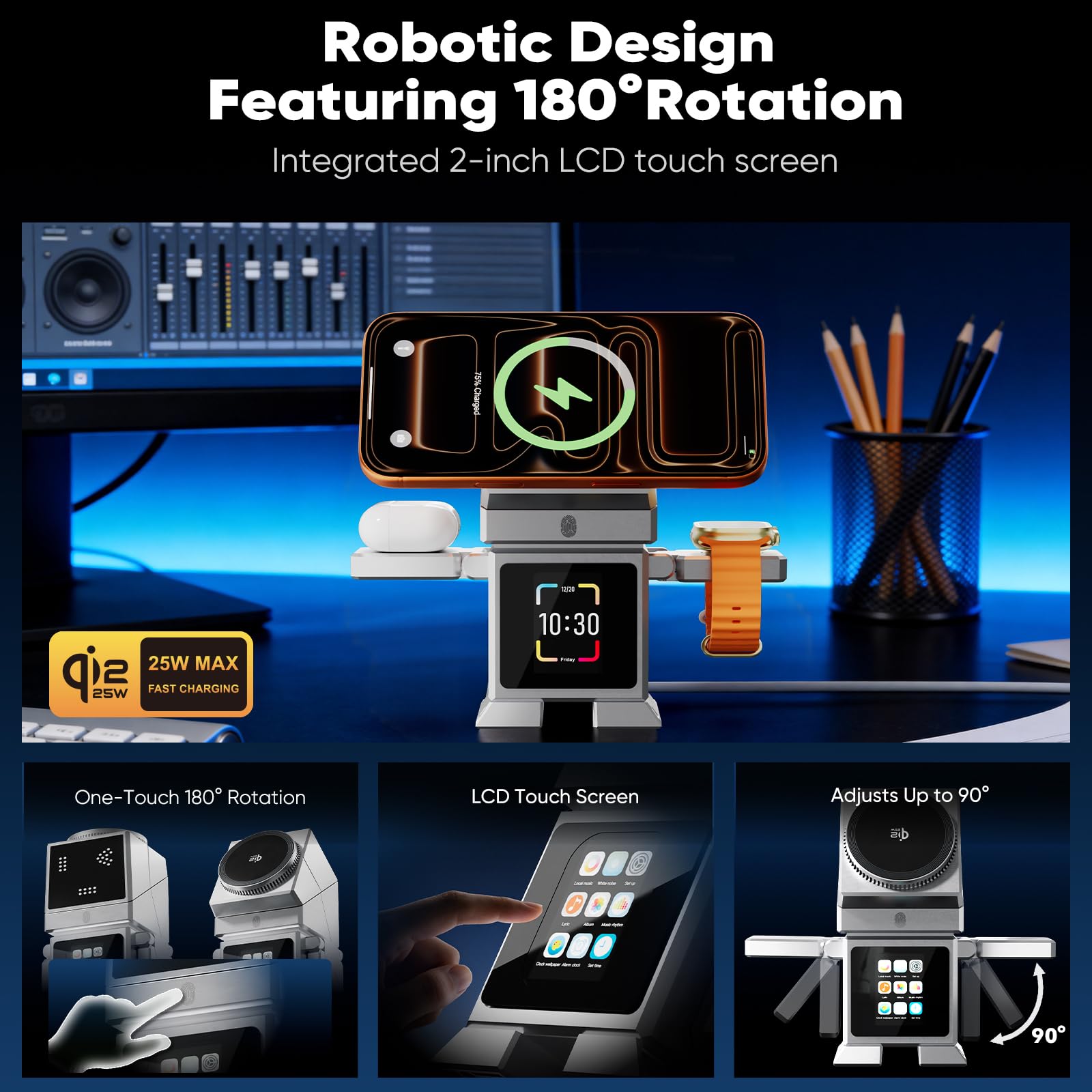 Robotic Station de charge sans fil 3 en 1 pour iPhone avec écran tactile LCD, haut-parleur Bluetooth, réveil, Qi2 25 W magnétique rotatif pour iPhone iWatch AirPods, adaptateur 45 W inclus, argenté