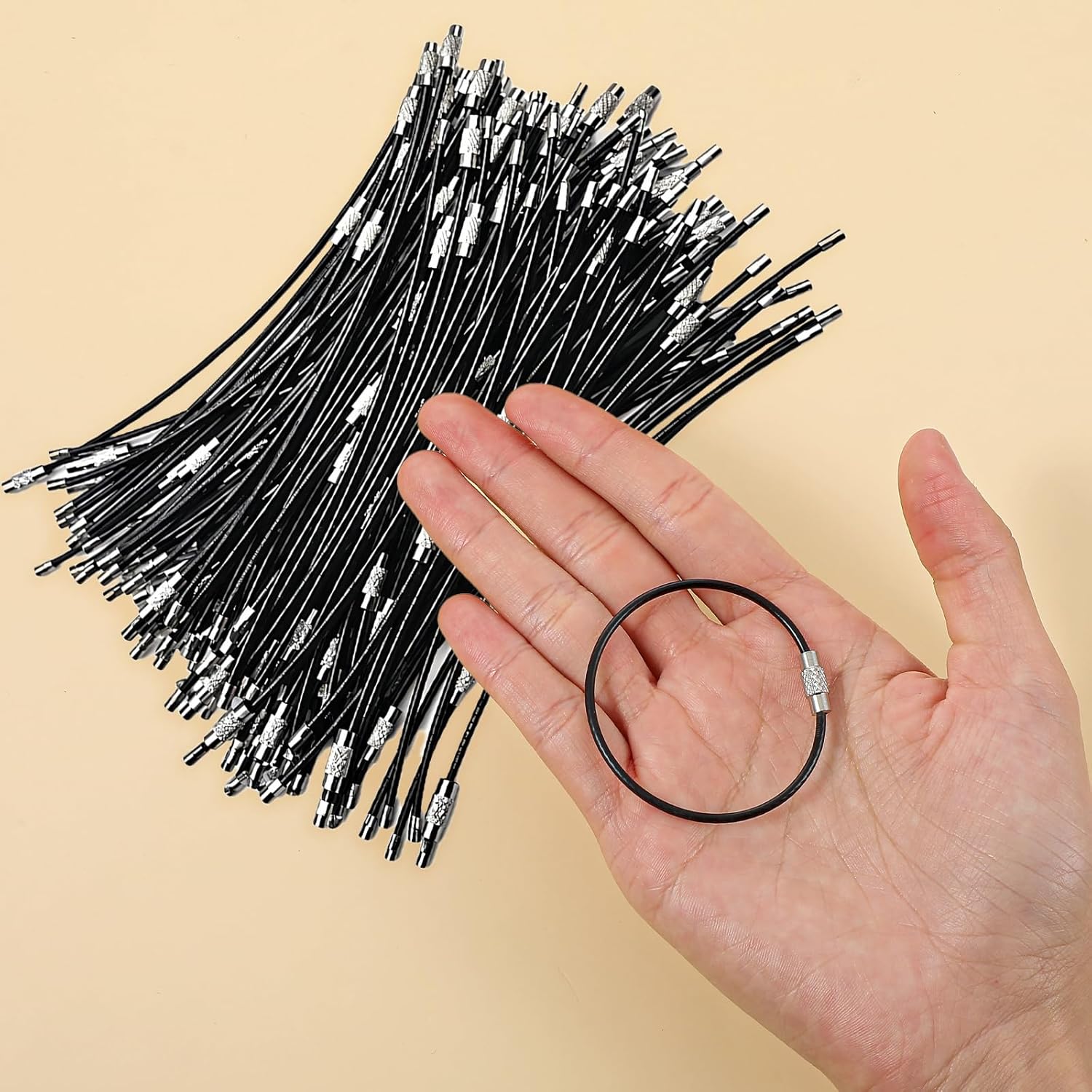 150pcs Black Steel Wire Keychains Cable – 2mm Thick, 6” Heavy Duty Luggage Tags & Key Rings with PVC Coating