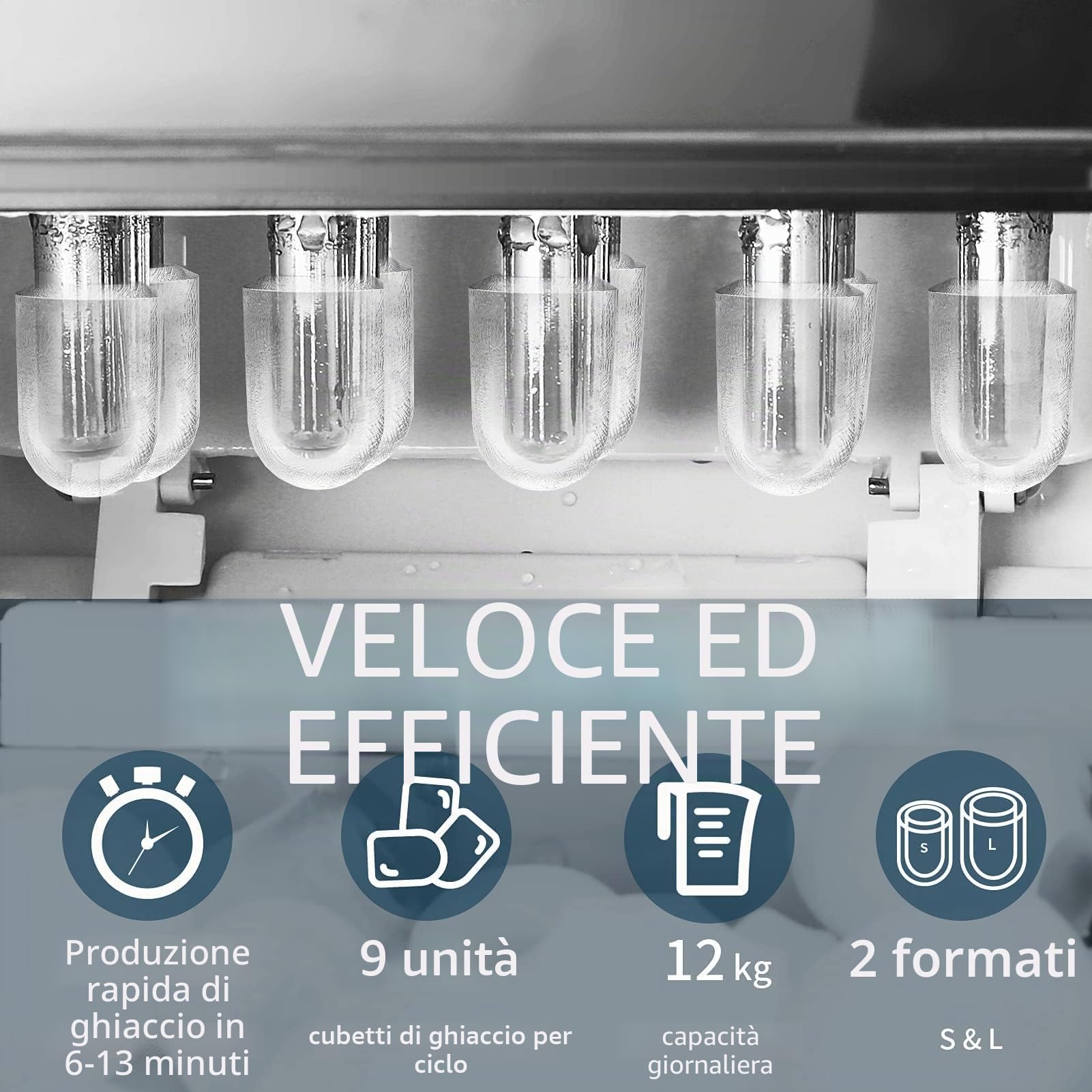 Macchina Ghiaccio 12KG/24h, Macchina del Ghiaccio Casa Professionale, Pulizia Automatica, 9 Cubetti in 6-9 Minuti, S/L Dimensioni Ghiaccio, Acciaio Iinossidabile, Nero