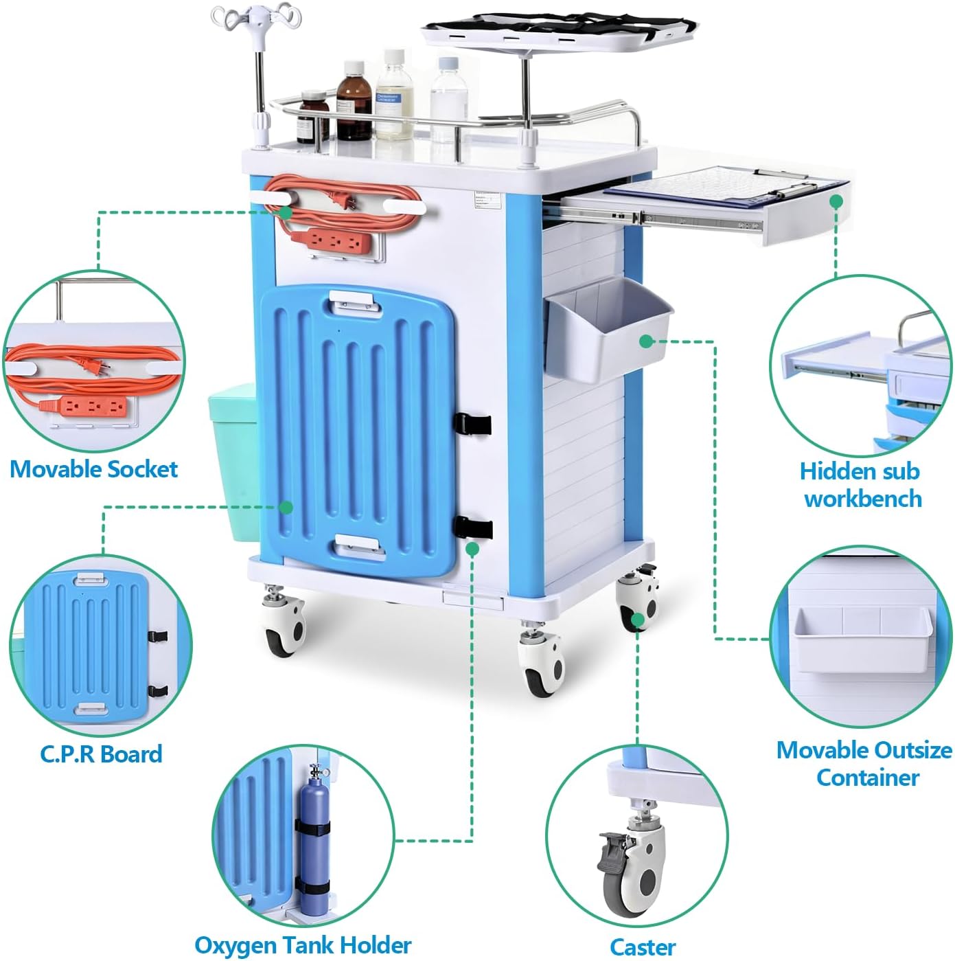 Medical Rolling Storage Crash Cart with Wheels & Drawers, Mobile Medical Cart with 5-Drawer, Medical Rolling Cart for Supplies, Nursing Emergency Cart for Hospital & Clinic, Adjustable IV Pole