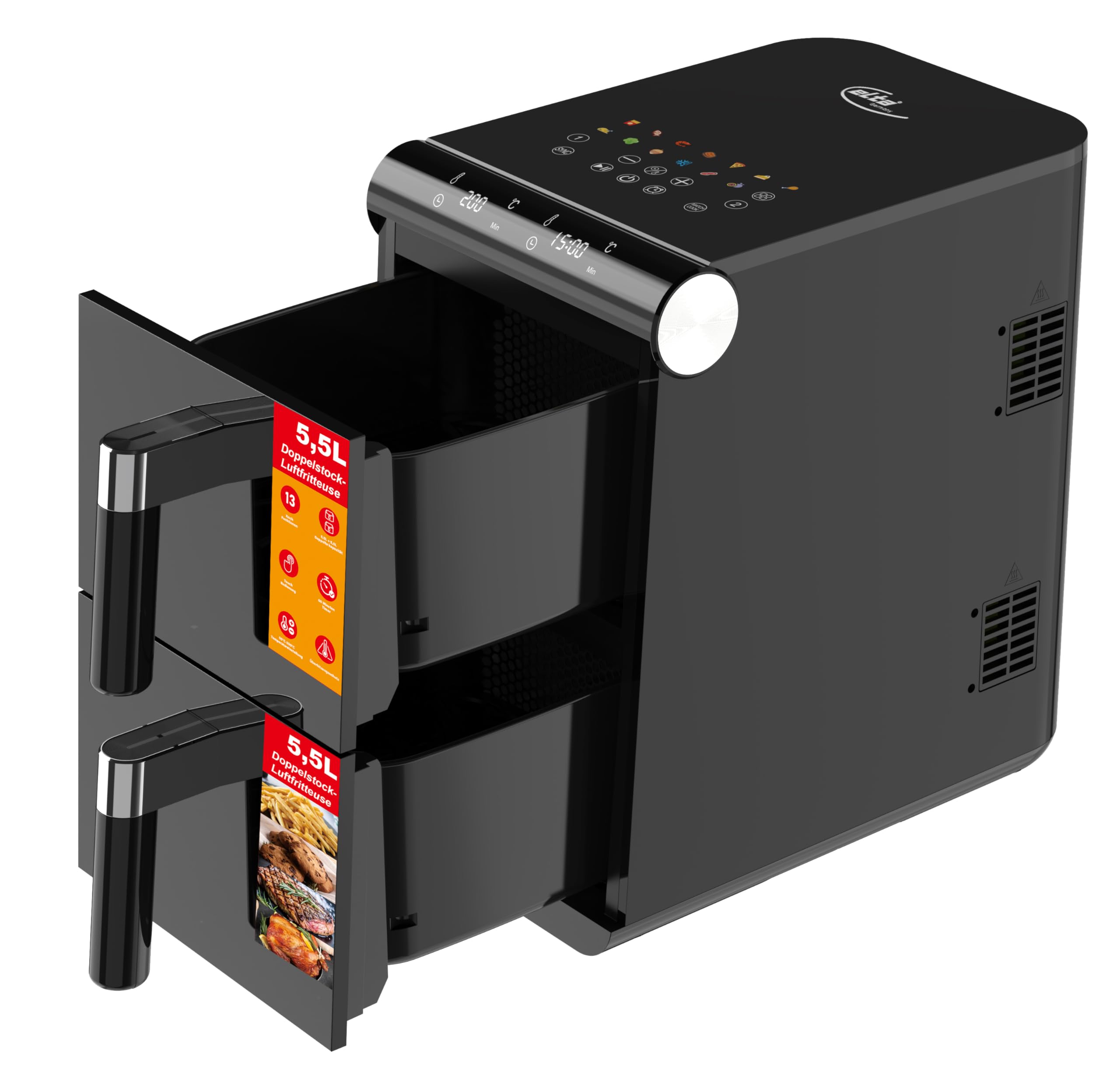 Elta XXL Airfryer 11 litros Dual Zone - Freidora de aire caliente doble con 2 cestas y 2 niveles, digital, sin aceite