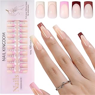 150pc Multicolor French Tips Press on Nails Long Square Fake Nails with Glue Tabs, Pale Nude Long Nails Press ons Nail Square Nail Tips French Acrylic Glue Nail Artificial Fingernail for Women Girls