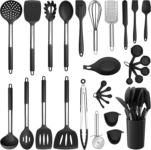 Juego de utensilios de cocina de silicona juego de utensilios de cocina E-far de 30 piezas con soporte espátulas de cocina resistentes al calor