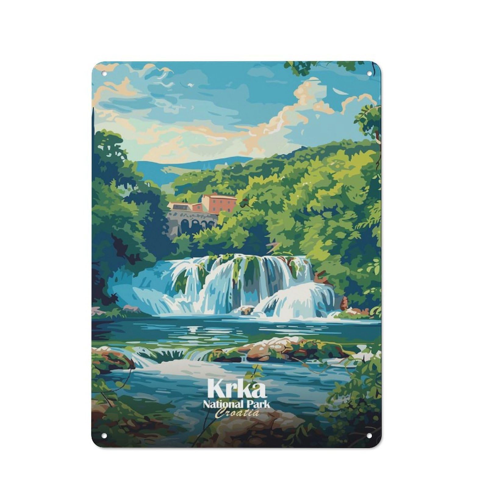 Junmoney Krka National Park Croatia Illustration Farmhouse Metal Sign 40X30cm, Rustic Cottage Wall Art For Cottage, Kitchen, Hallway Or Breakfast Nook
