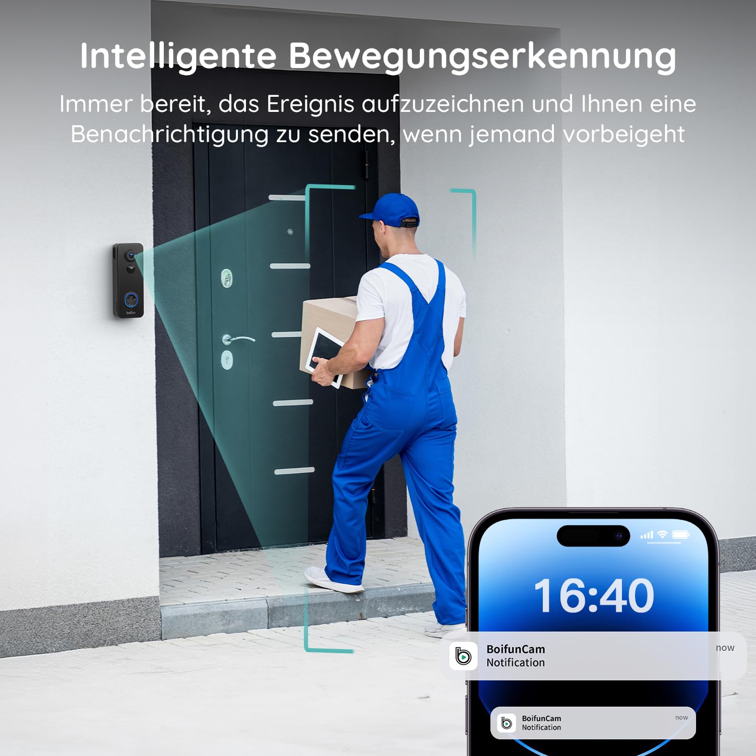 BOIFUN 2K WLAN Video Türklingel mit Kamera, Funkklingel mit Kamera,Alexa-kompatibel, 180° Ultrabreiten Sichtfeld, 2-Wege-Audio,AI Bewegungserkennung, Ohne ABO, 2,4GHz, IP65