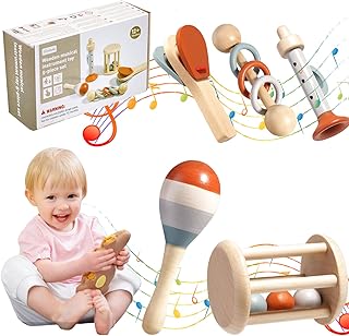 Fosoloni Musical Instruments for Children, 5-Piece Montessori Percussion Instrument Set, with Maracas, Trumpet, Castanets, Musical Toy, Baby Musical Toy, Musical Instruments for Children from 1 Year