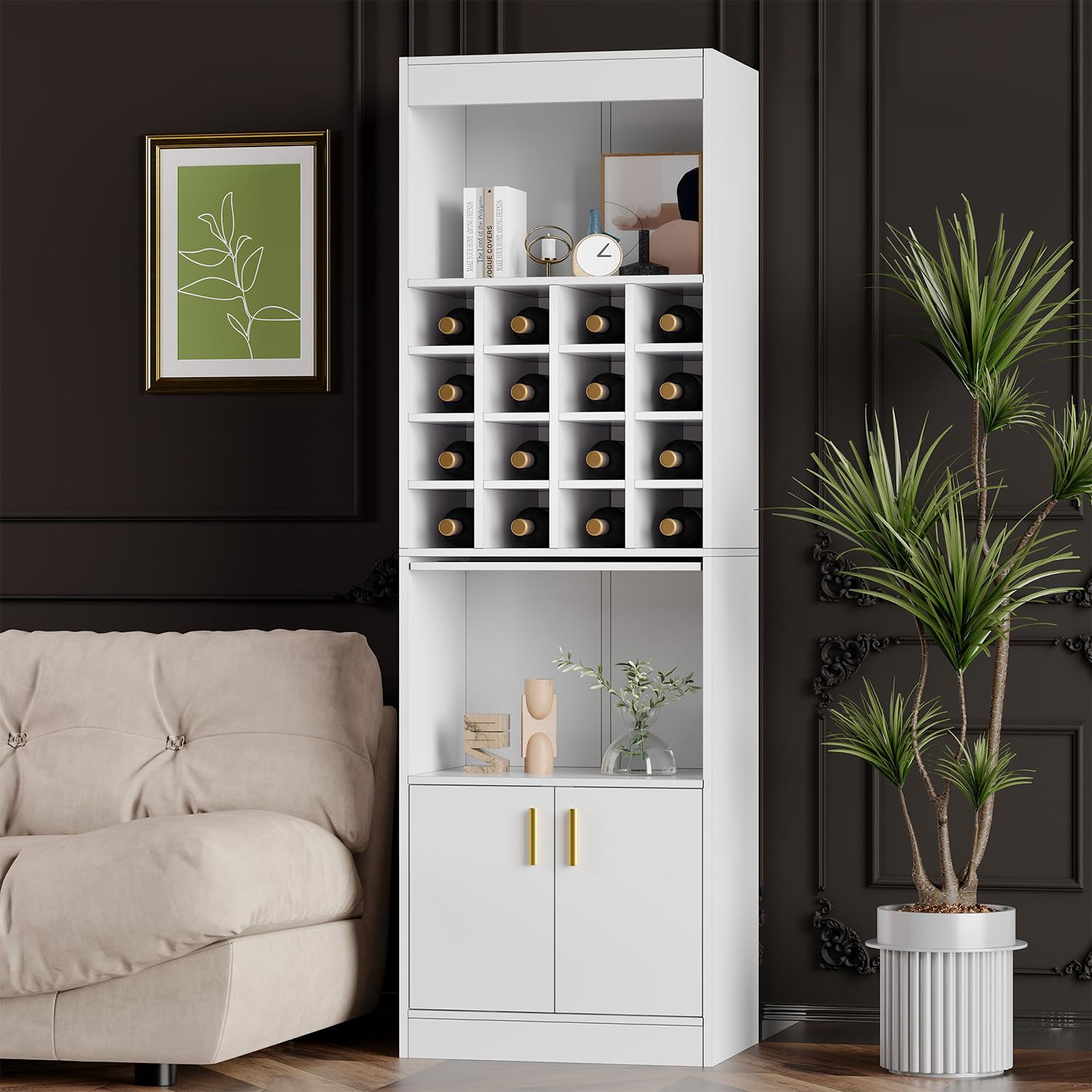 Armario de cocina 180 x 50 x 40 cm, armario de vitrina con 2 puertas, armario alto con 16 compartimentos para vino, estantería para salón, comedor (blanco)
