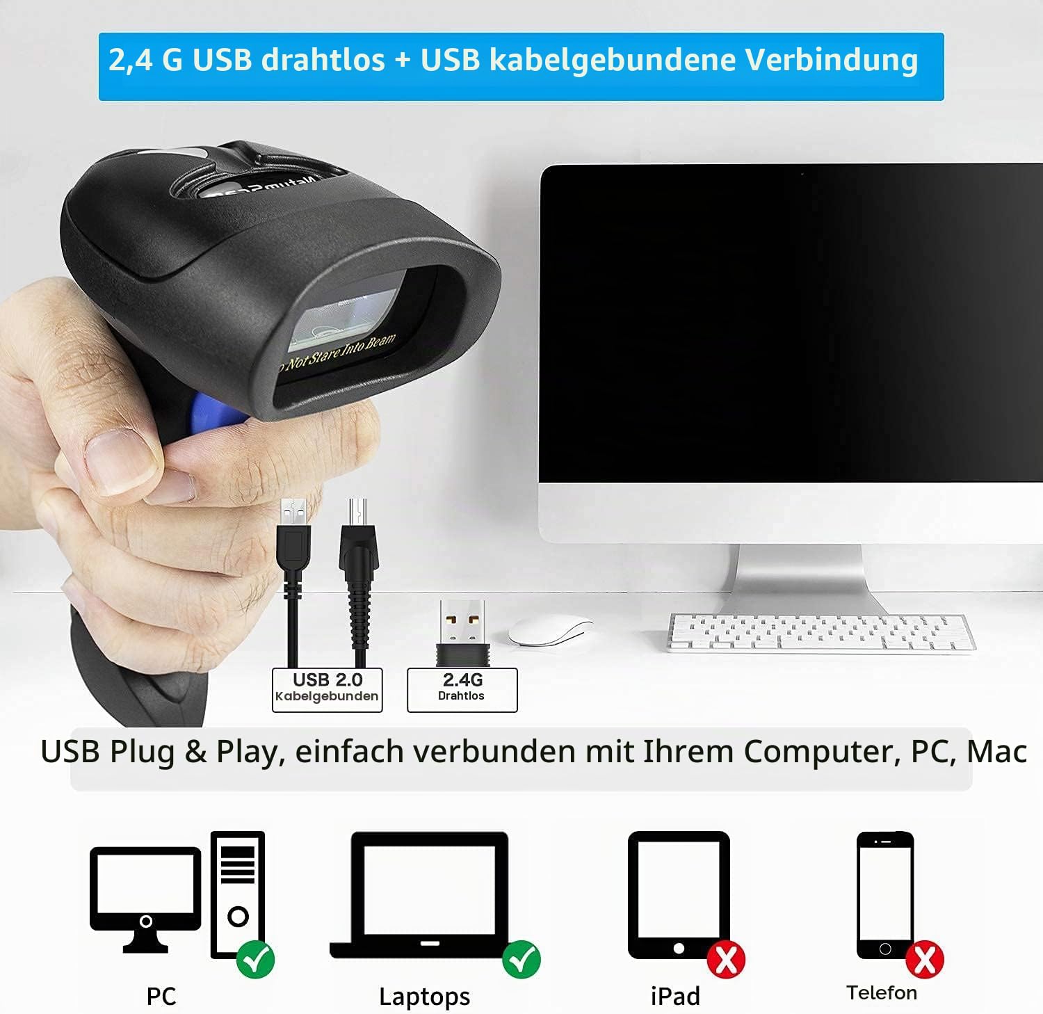 NetumScan Kabelloser 2D-Barcode-Scanner - Tragbarer Barcode-Leser/Scanner Automatischer Scan QR PDF417 DataMatrix Maxicode für PC NSL8