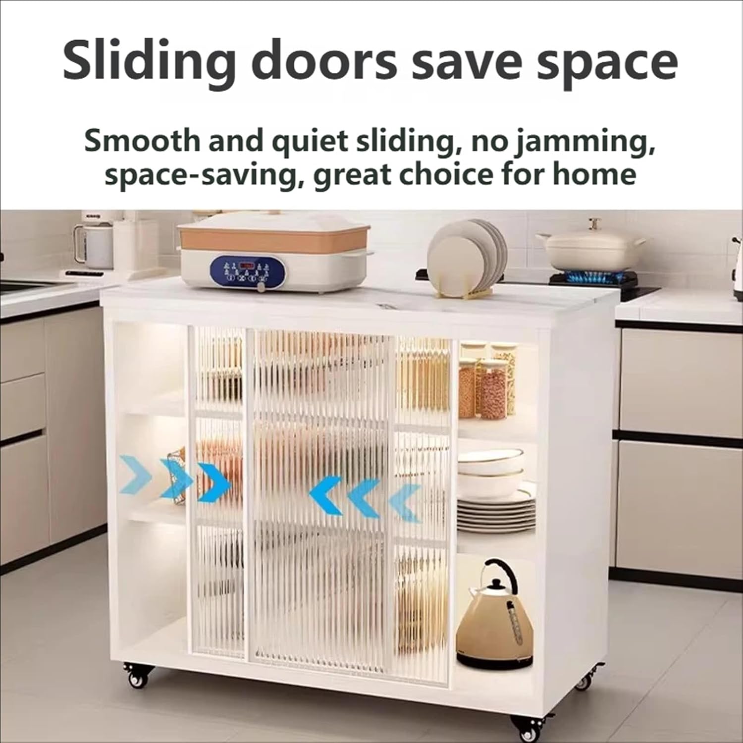 Storage Trolley Rolling Kitchen Island Cart with Sintered Stone Top Glass Doors & Adjustable Shelves Shelving Organizer(Medium)