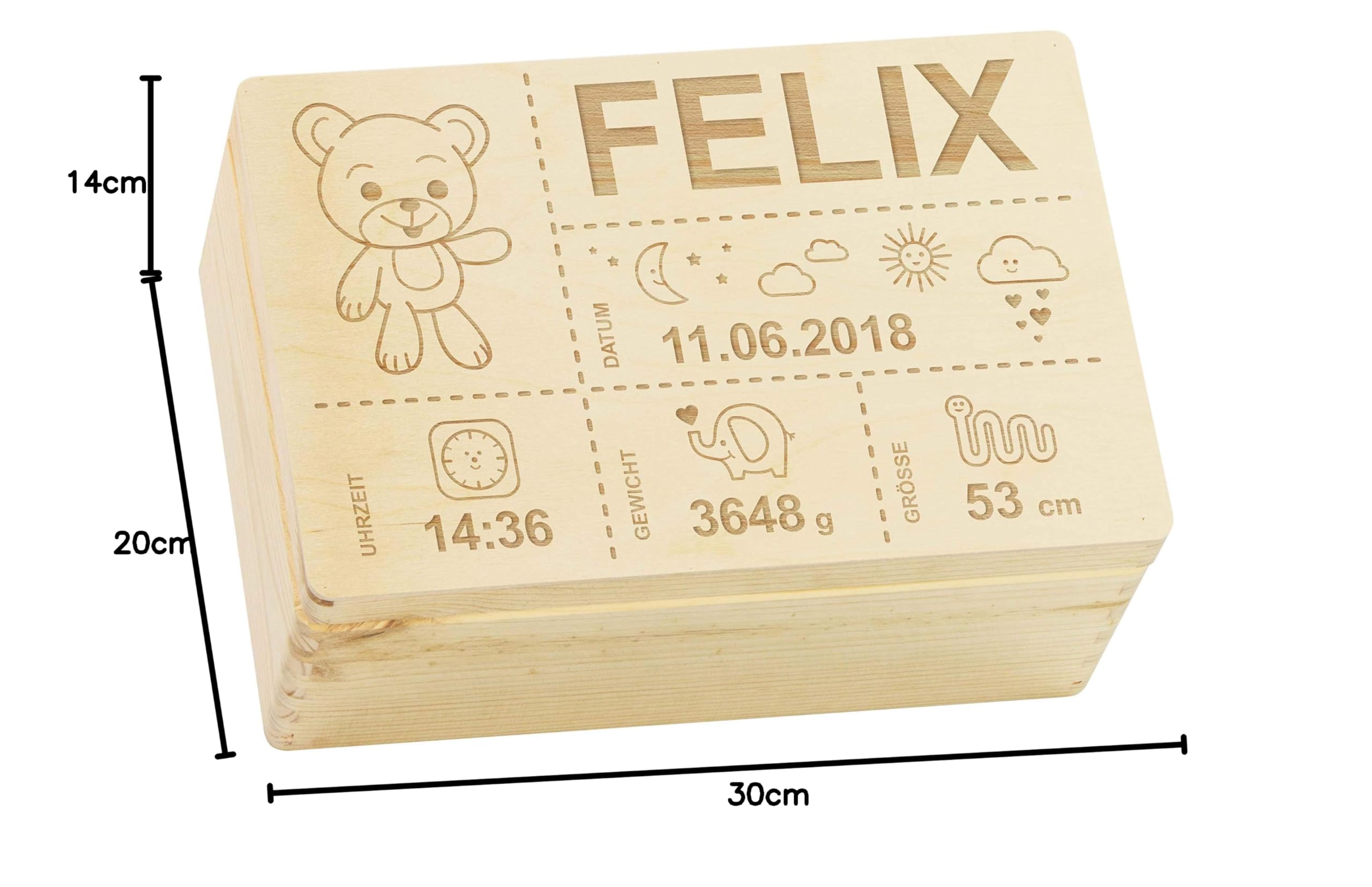 LAUBLUST Erinnerungsbox Baby Personalisiert - Geschenk zur Geburt mit Name | Teddybär, Größen S, M, L, XL - Kinder Erinnerungskiste aus Holz für Mädchen & Jungen | Holzkiste Natur oder Weiß - FSC®