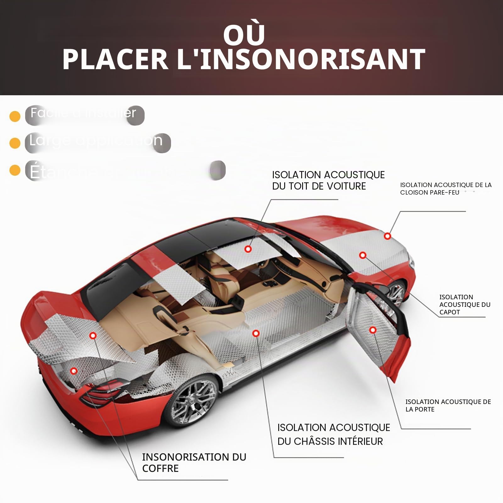 Lot de 33 tapis d'insonorisation pour voiture - 450 x 250 x 2 mm - En aluminium et butyle - Auto-adhésifs - En mousse d'isolation phonique - Ignifuge - Résistant à l'humidité - Imperméable