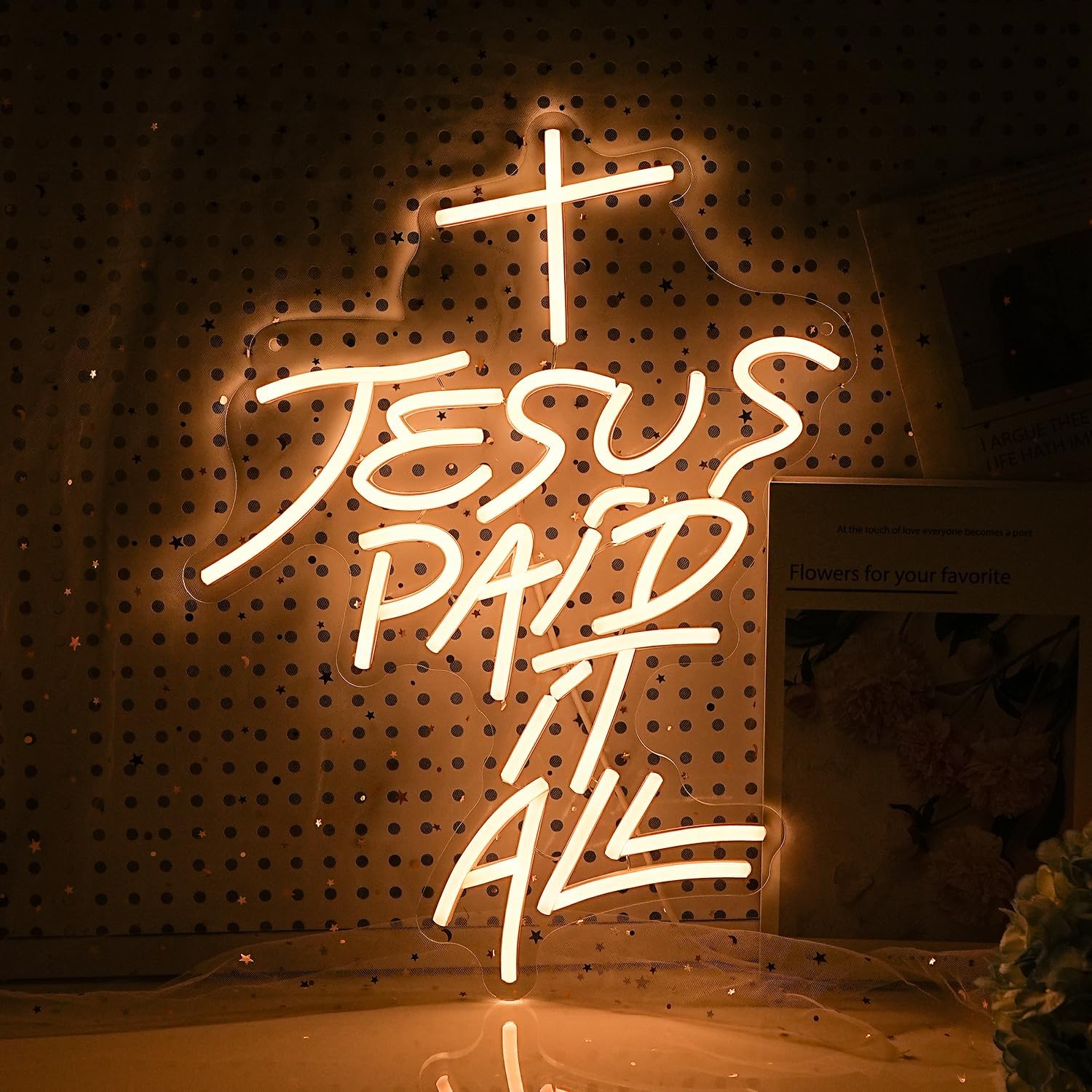 Jesus Paid It All Neon Sign Warm White Cross Neon Light for Wall Decor Dimmable Jesus Cross LED Light Up Sign for Christian Church Christmas Home Wedding Decor Birthday Gifts(16.7*12.8 In)