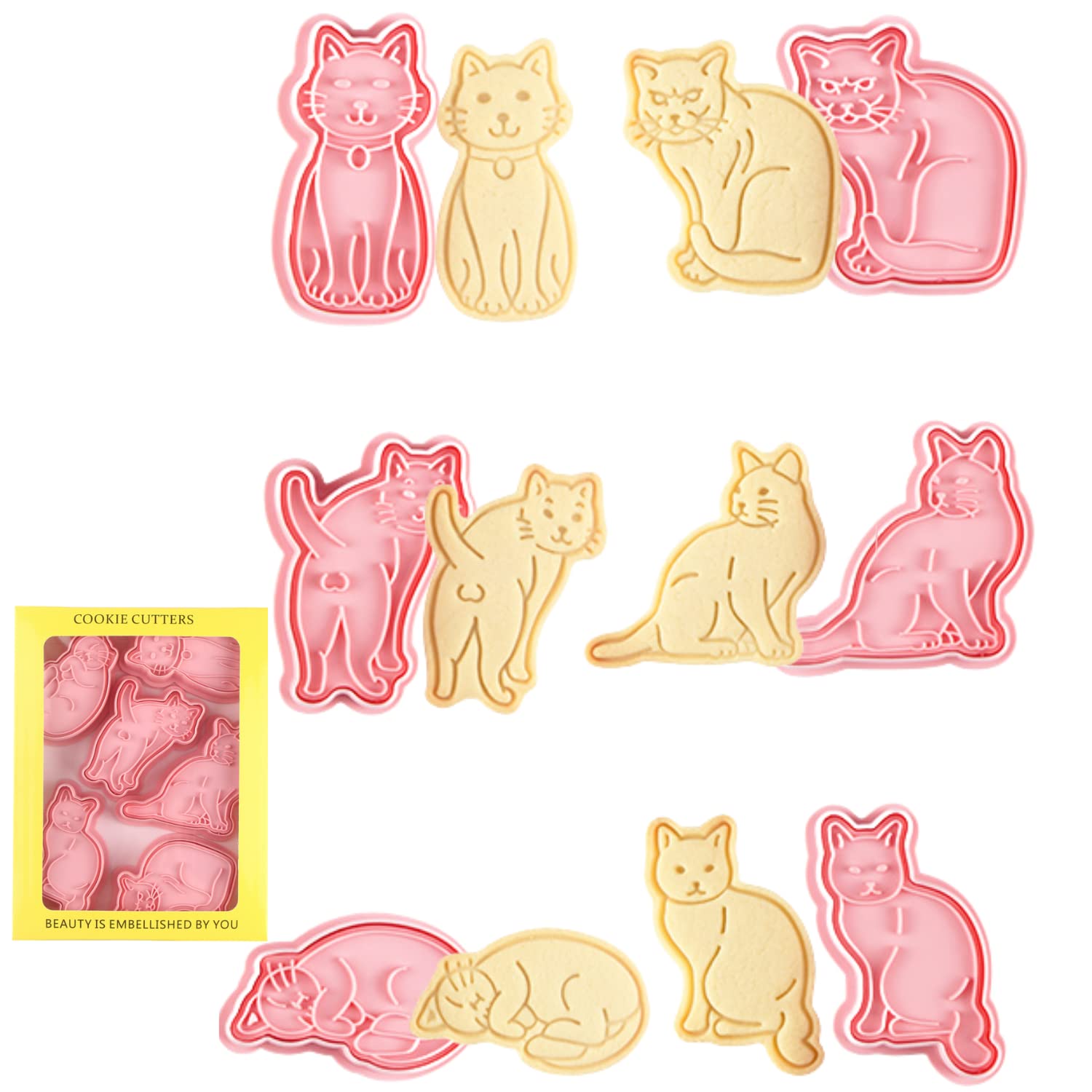Crethink Dog Cookie Cutter-6 Plastic Cookie Stamp-Cartoon Fun Cookie Mold, Children's Dog Cookie Mold Set (Cat)