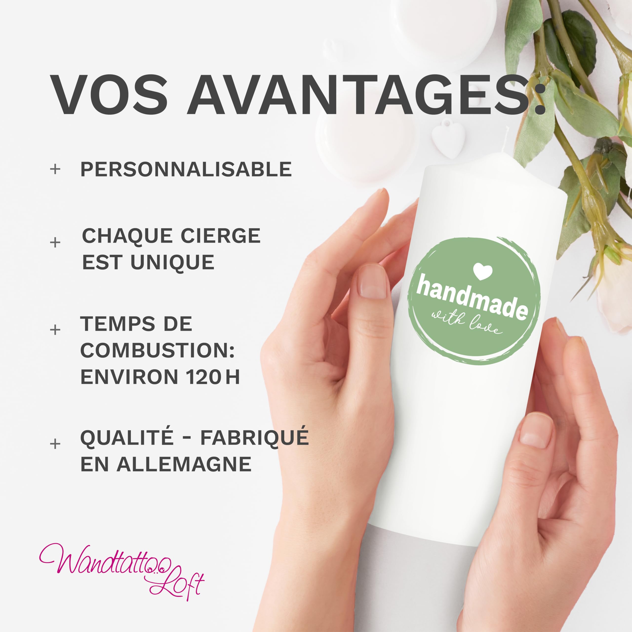 Bougie Baptême personnalisée Fille Garçon motif Croix florale verte – 1 cierge de baptême + 2 bougies parrain/marraine – 25 x 7 cm