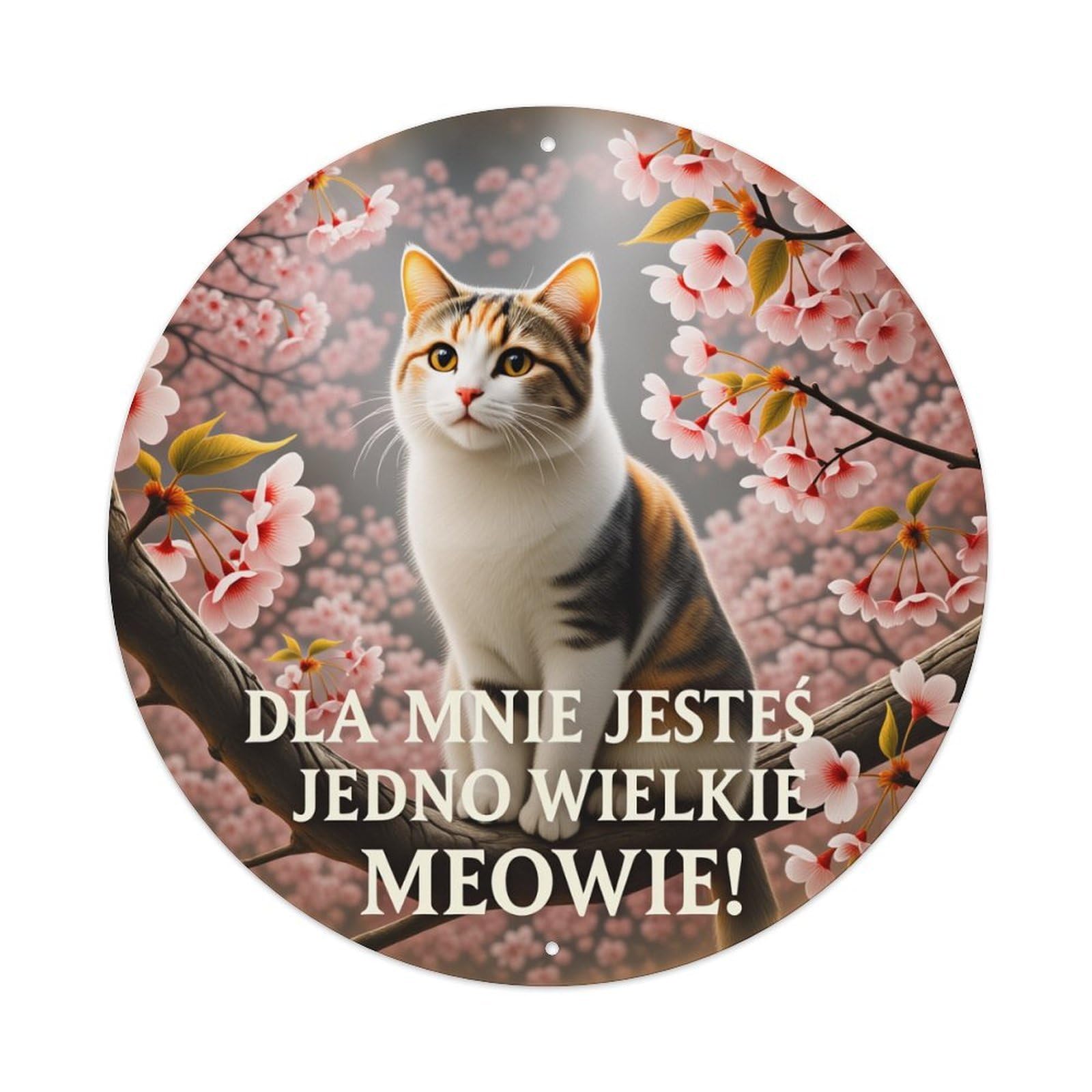 Cat Cherry Blossom Spring Meow Text Round Tin Sign Vintage Style Metal Sign Home Bar Garden Wall Plaque Decor Metal Poster 8x8 Inch
