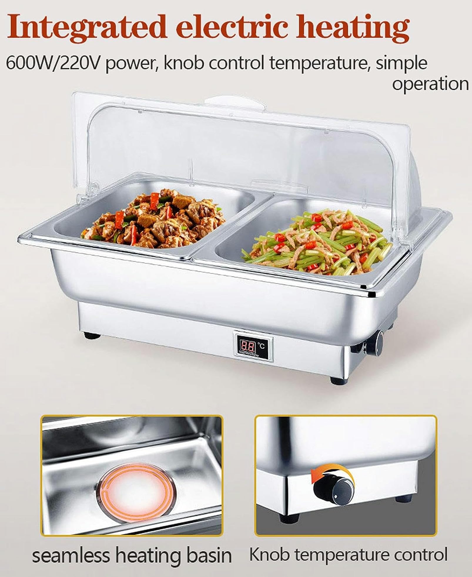 Chafing Dish, Scaldavivande Elettrico Acciaio Inox, Contenitore Scaldavivande Termico Scalda Cibo Commerciale per Buffet, Temperatura Regolabile (35-85 °)