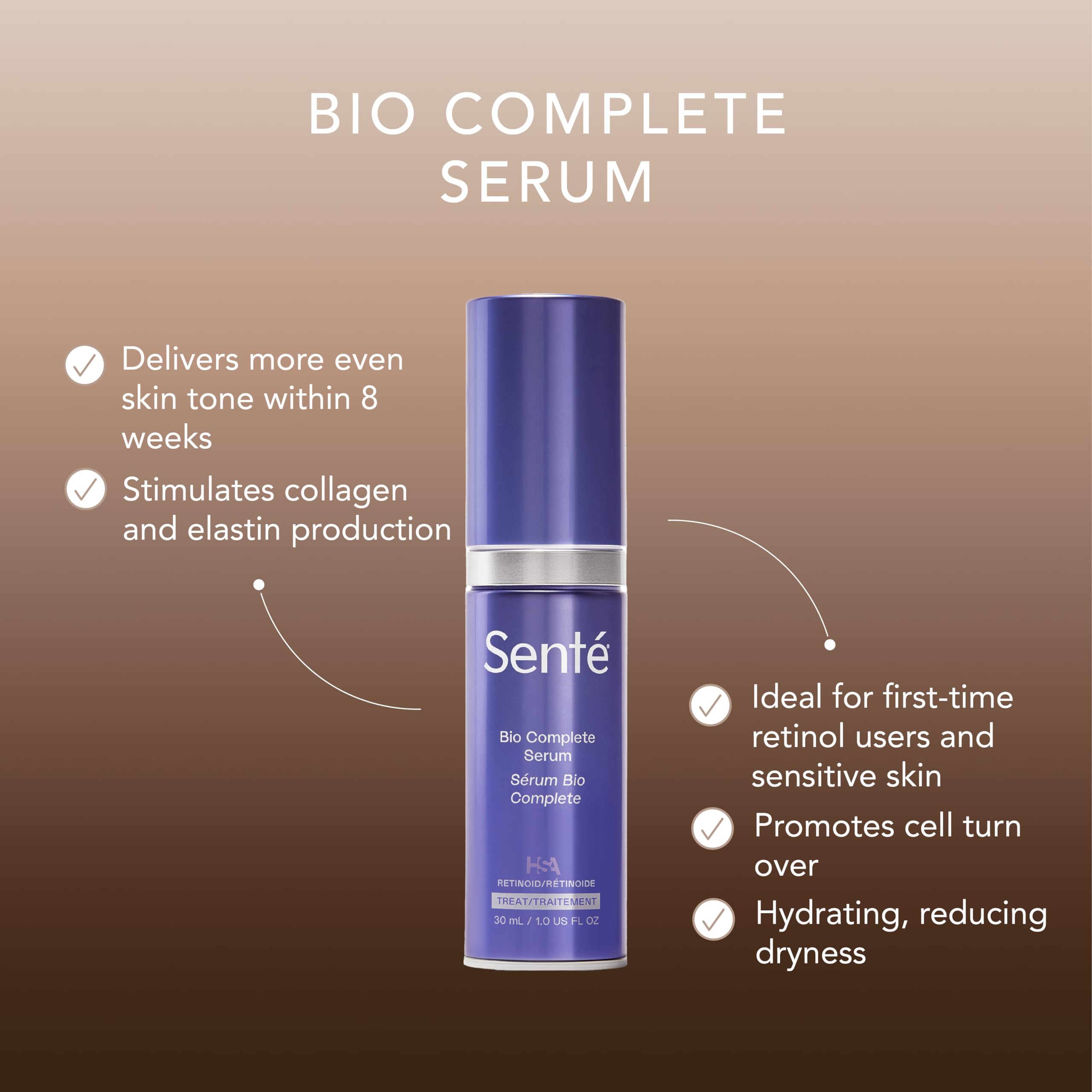 Senté Bio Complete Serum | Retinoid Serum for Sensitive Skin | Gentle, Nourishing & Hydrating | Combats Dull and Aging Skin | 1.0 Fl Oz