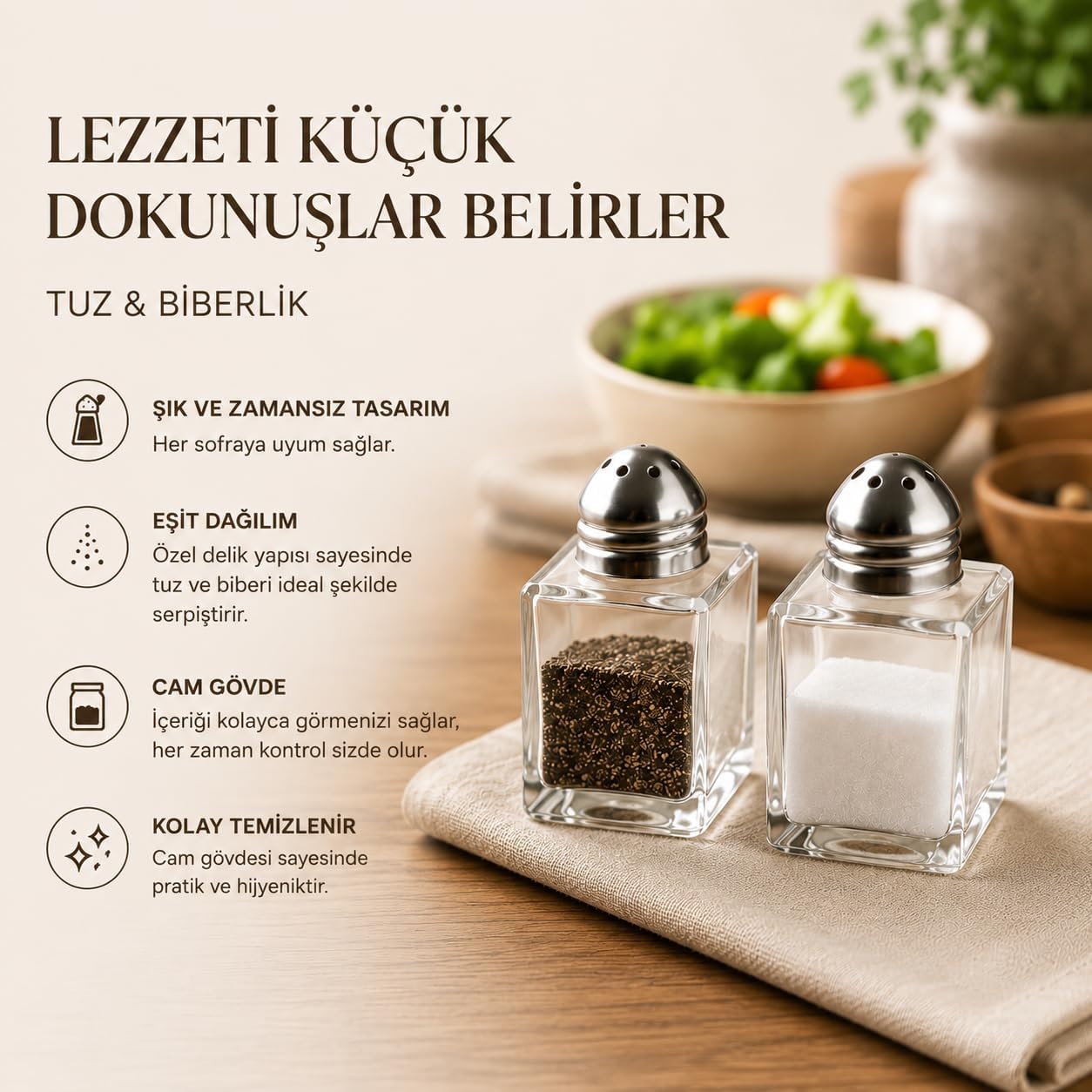ADAPTOLL Mini Cam Tuzluk Biberlik Seti Kare Baharatlık Paslanmaz Çelik Kapaklı Şeffaf Cam Sofra Tuzluk Baharat Kabı Modern Dekoratif Tuzluk Biberlik Takımı (4)