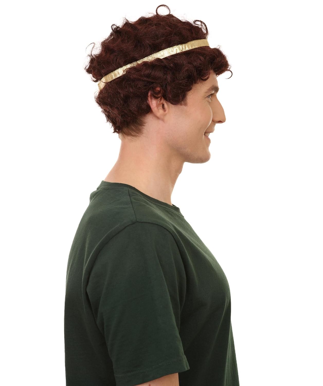 Adult Men's 9" Inch Short Length Curly Brown Halloween Cosplay Anime Costume Wig with Gold Band, Synthetic Soft Fiber Hair, Perfect for your next Festival and Group Anime Party! (Brown)