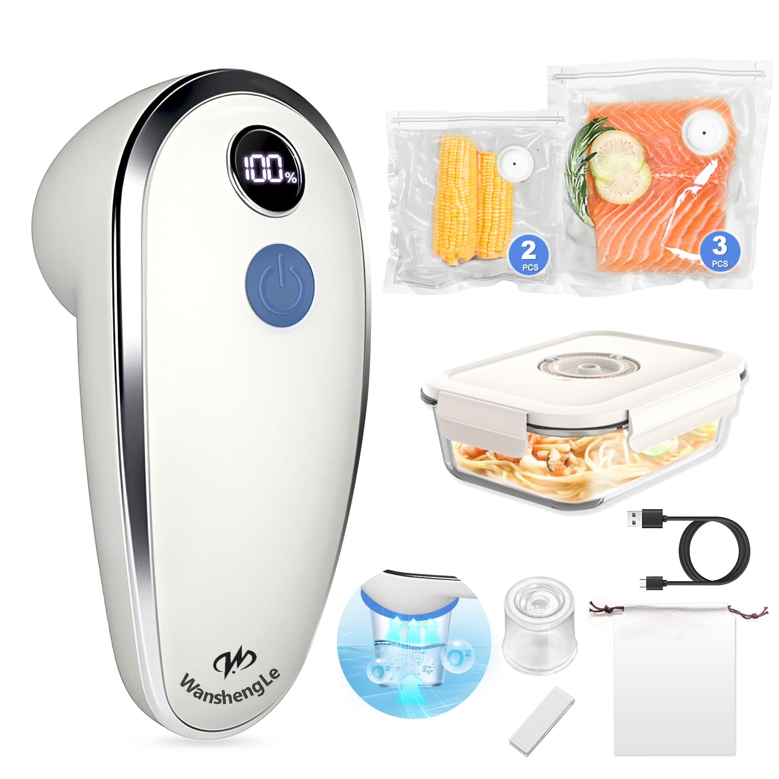 WanshengLe Handheld Vacuum Sealer for Food(Compact Vacuum Sealer Machine + Glass Vacuum Containers+ 5 Reusable Vacuum Bags), Portable Food Sealer, Vacuum Seal Machine, Glass Meal Prep Containers