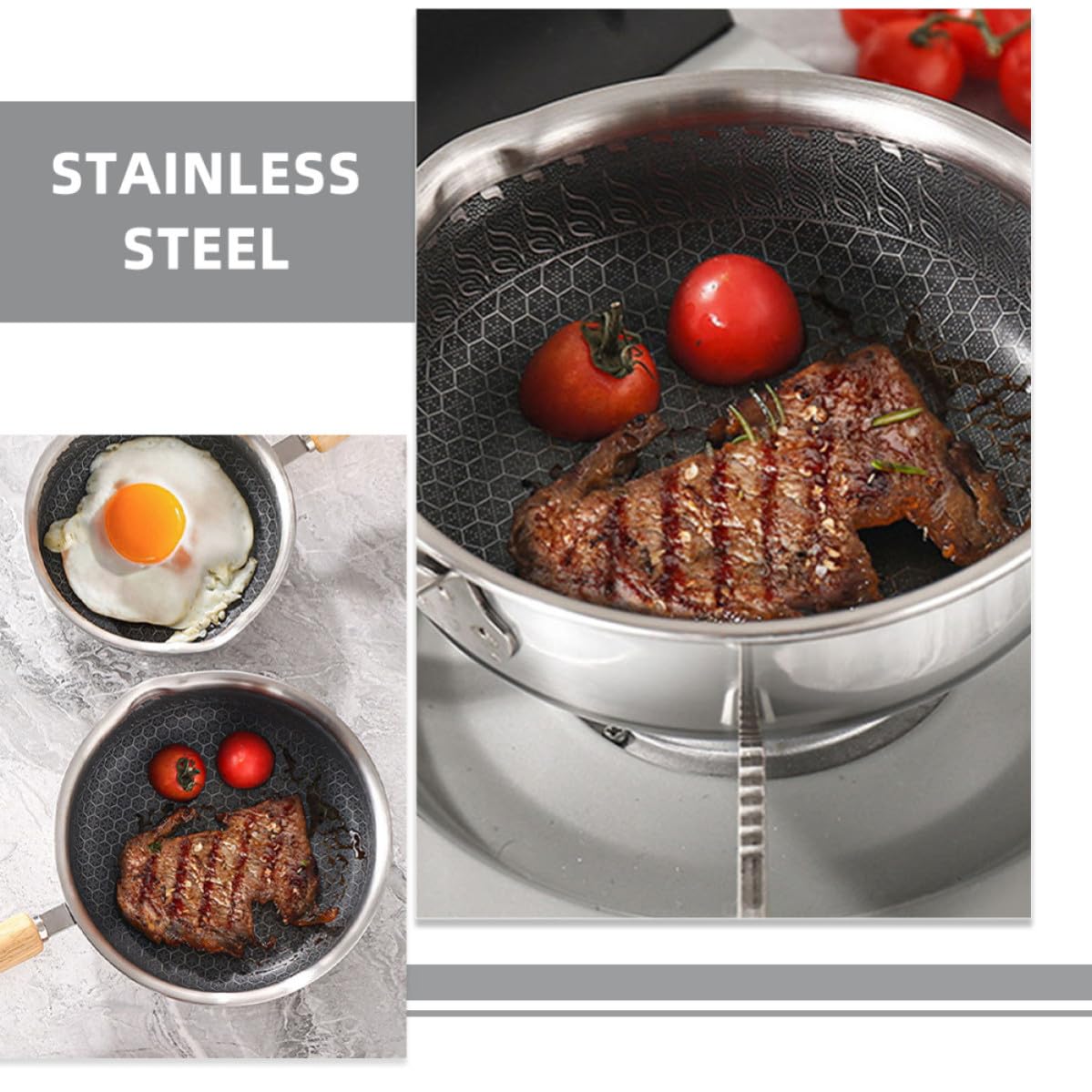 Edelstahl Bratpfanne Wabenpfanne Induktion 32 cm Waben Antihaft Pfanne für Steak und Eier in der Küche