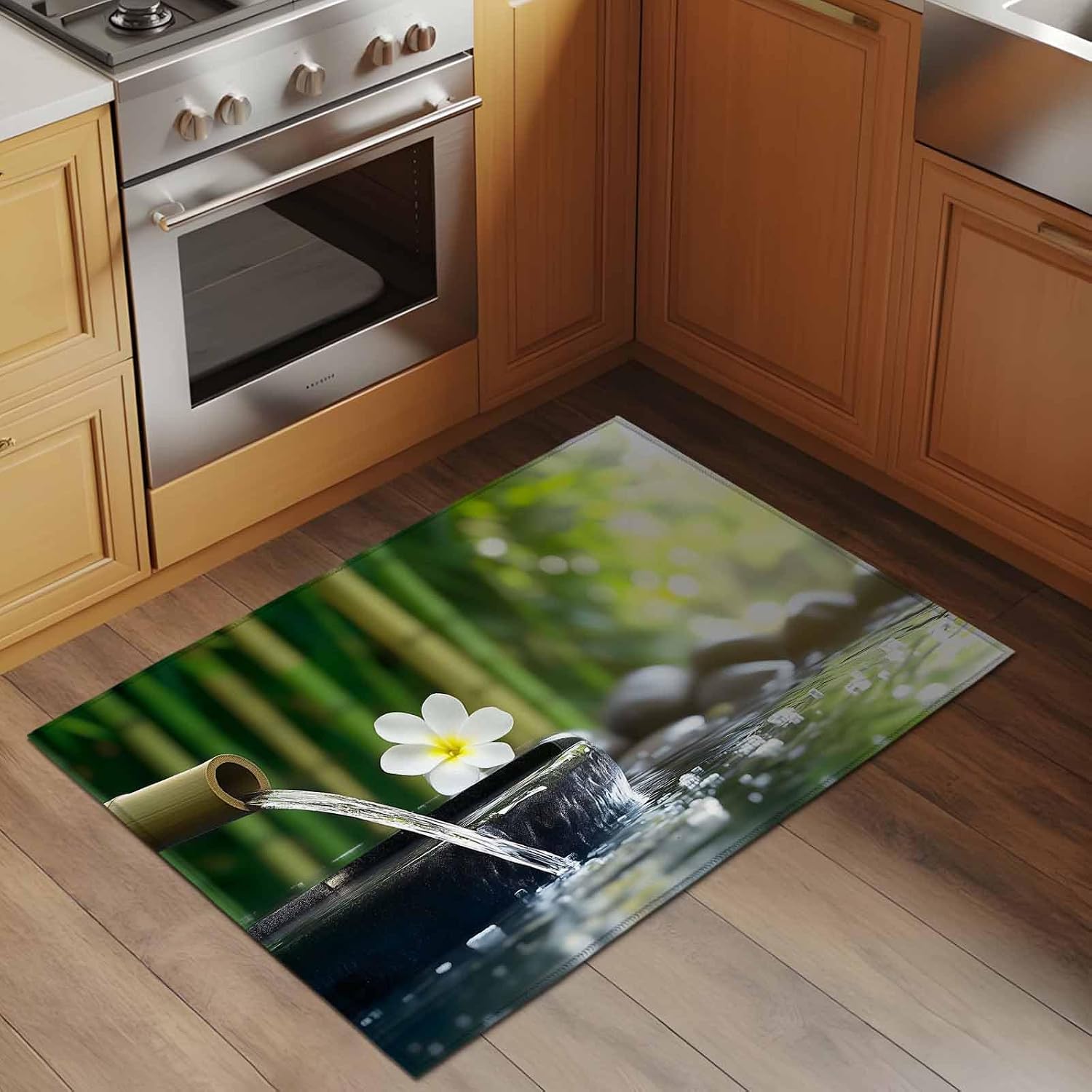 2x3 Area Rugs for Living Room, Zen Stones Water Flowing Washable Rug Rectangular Indoor Carpet Non-Slip, Floral Green Forest Low Pile Bathroom Rug Kitchen Runner Rugs for Bedroom