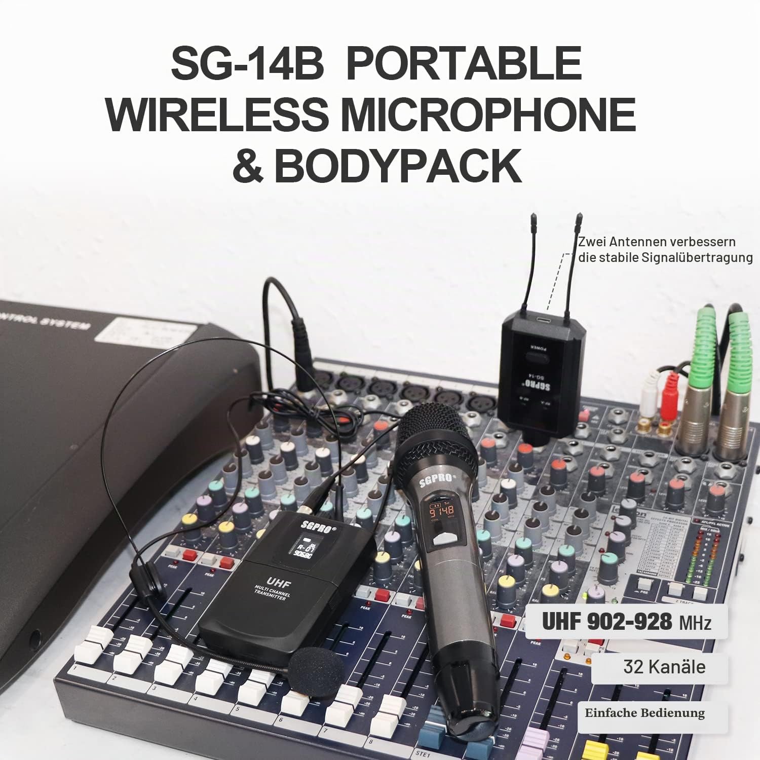 SGPRO Bodypack-Headset und Handheld Mikrofon mit Mini-Mikrofon und Kompaktem Empfänger 32 Vordefinierte Kanäle 262 Fuß Reichweite AA-Batterien betrieben