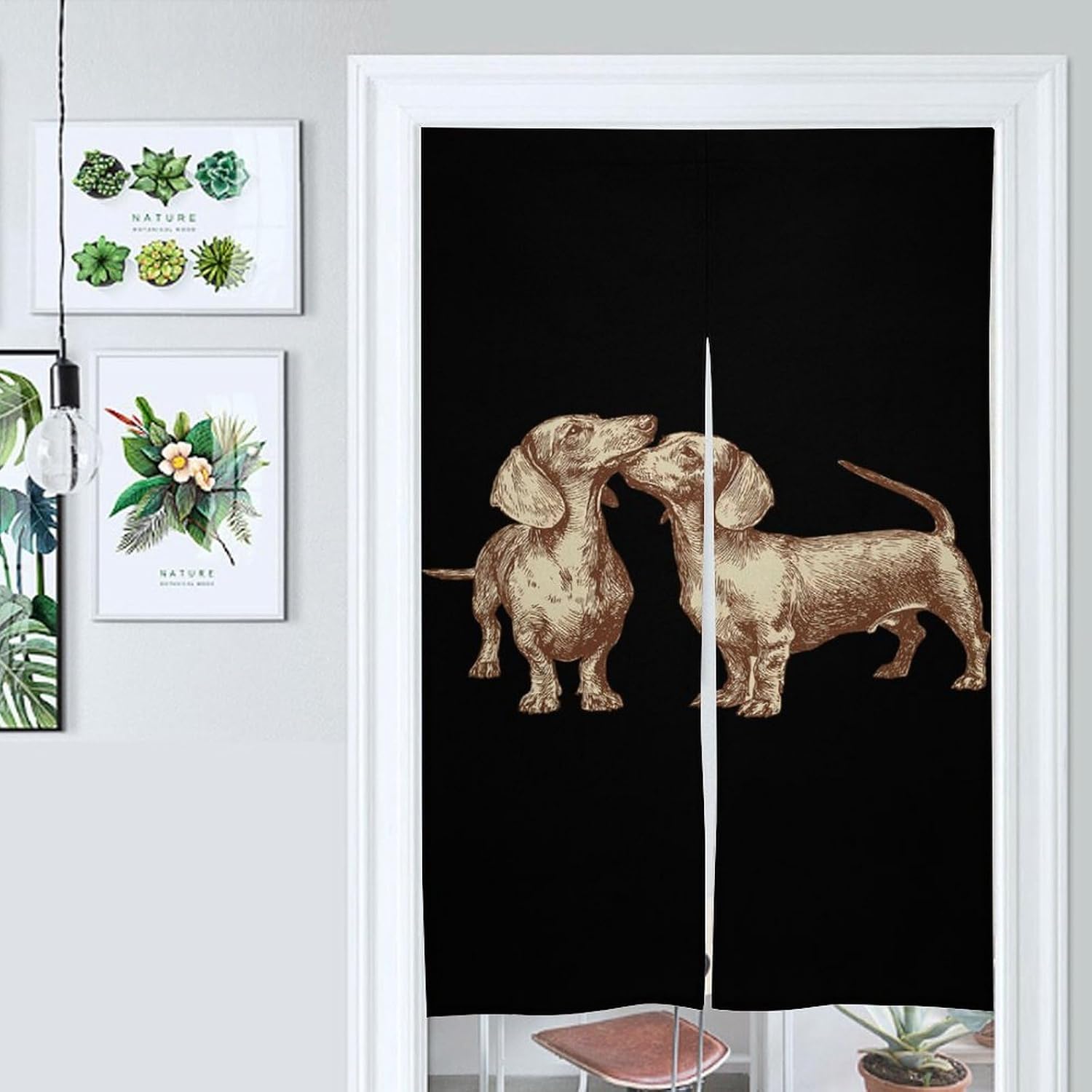Two Dachshund Dog Doorway Curtain Insulated Room Divider Drapes | white linen,privacy curtains