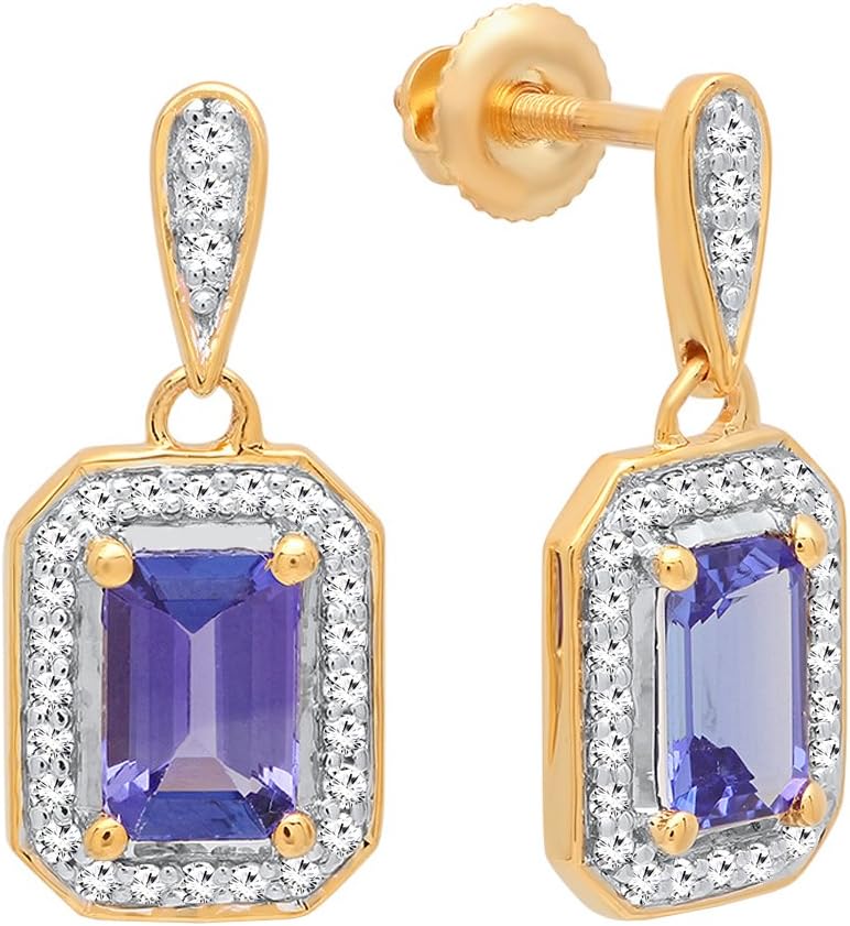 6X4mm Each Emerald Lab Created Gemstone & Round White Diamond Drop Earrings, 14K Solid Yellow Gold, Created Tanzanite,Diamond,Gold, Tanzanite