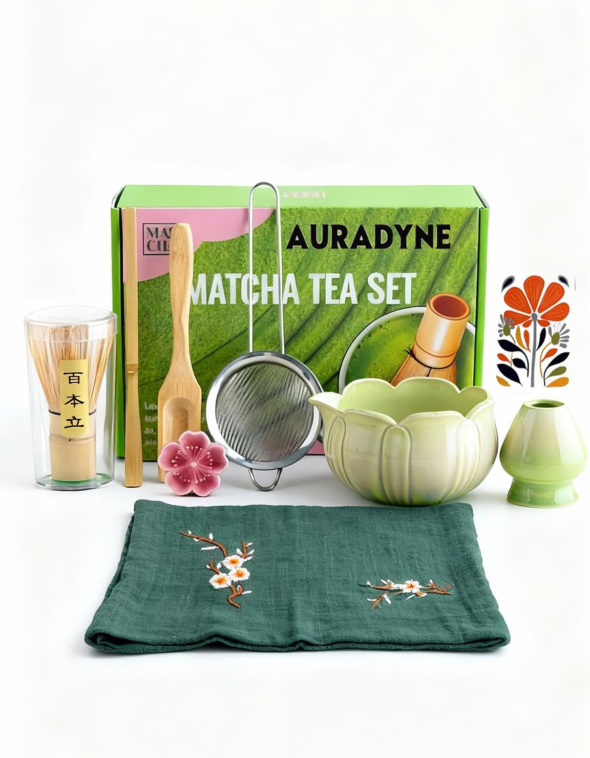 Matcha Set, 9 Pcs Lotus Matcha Bowl Set,18oz Ceramic Chawan with Whisk (Chasen), Holder, Sifter, Wooden Tea Needle, Complete Japanese Matcha Making Kit, Cute Gifts for Women & Tea Lovers (Red)