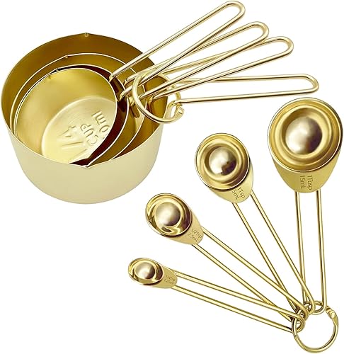 Zalaxt Juego de 8 tazas y cucharas medidoras doradas de acero inoxidable, 4 tazas medidoras y 4 cucharas medidoras para cocinar