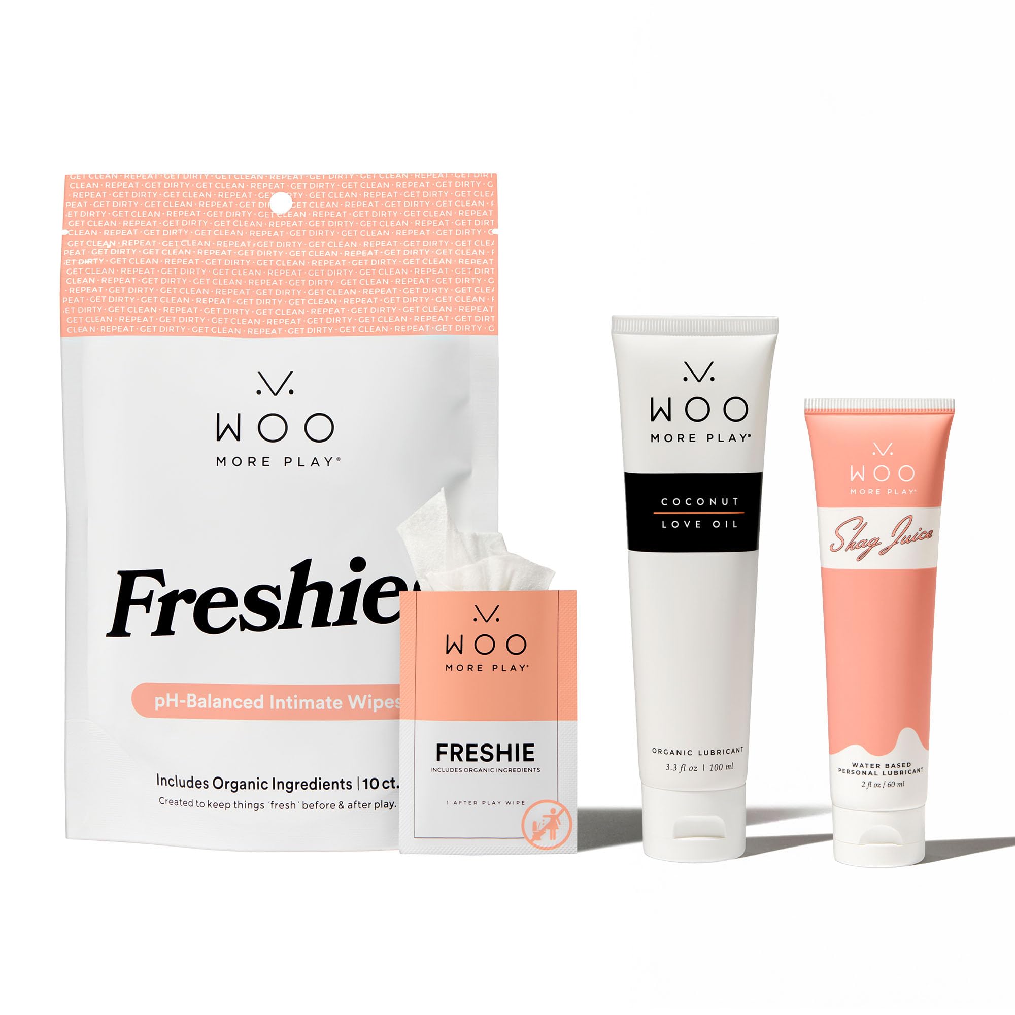 Woo More Play 1 Love Oil Lubricant 1 Water-Based Lubricant 1 Freshies Wipes 10c Natural Organic and Clean